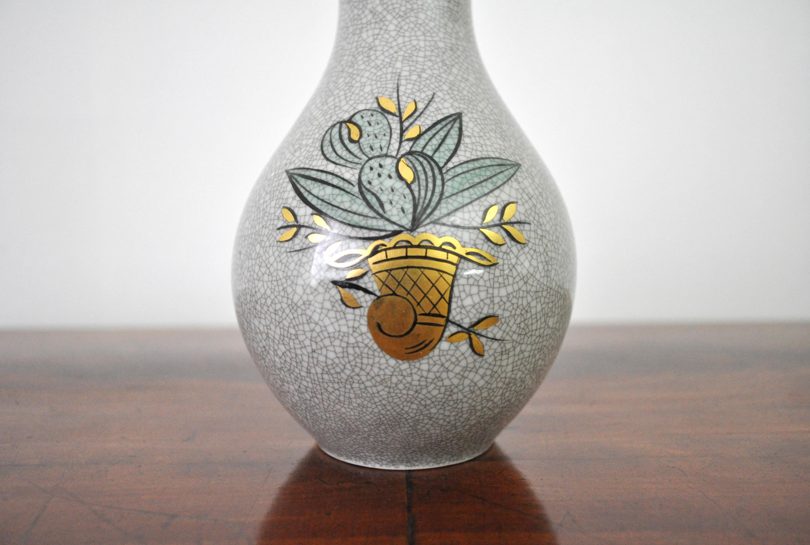 Danish Craquele Glaze Porcelain Vase, Gold and Green on Grey, Lyngby Porcelain, 1930s For Sale