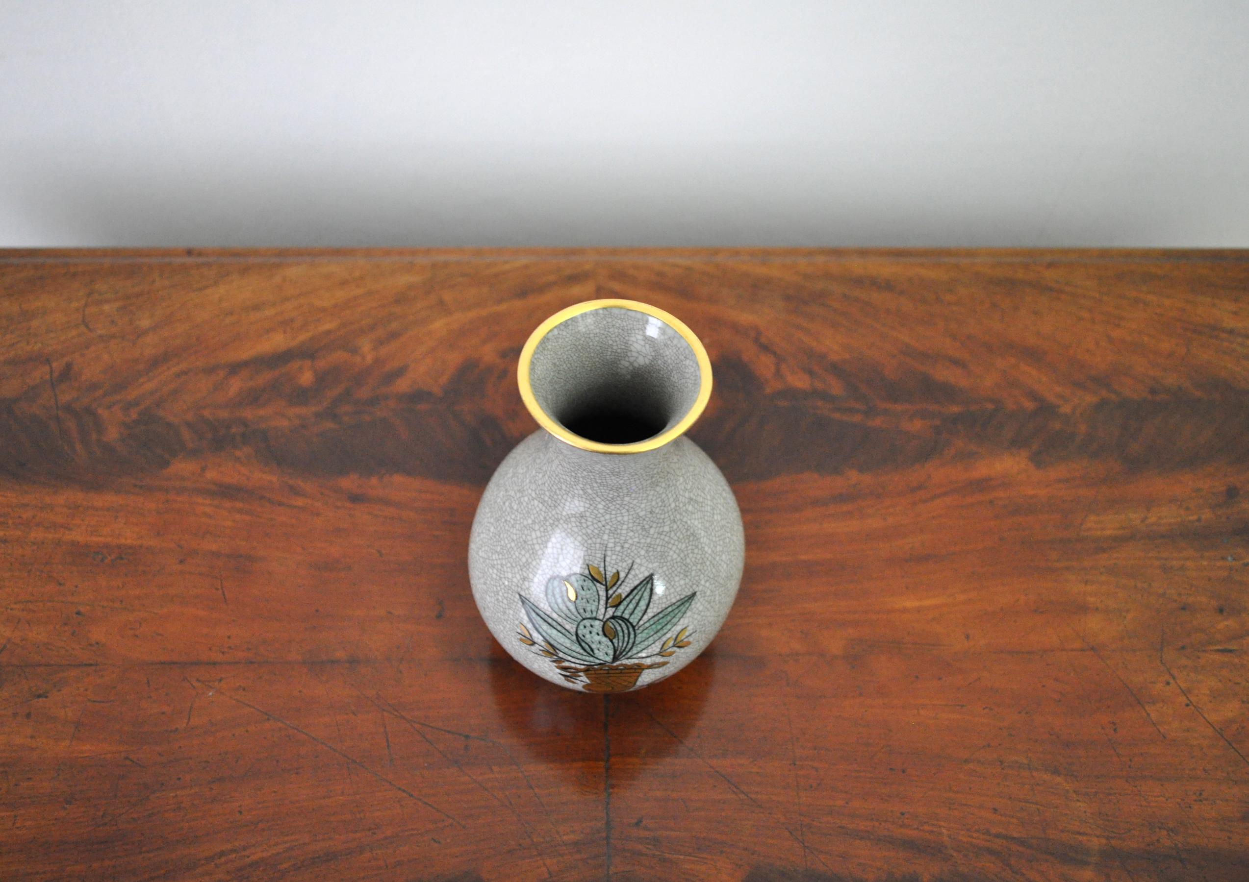 Glazed Craquele Glaze Porcelain Vase, Gold and Green on Grey, Lyngby Porcelain, 1930s For Sale