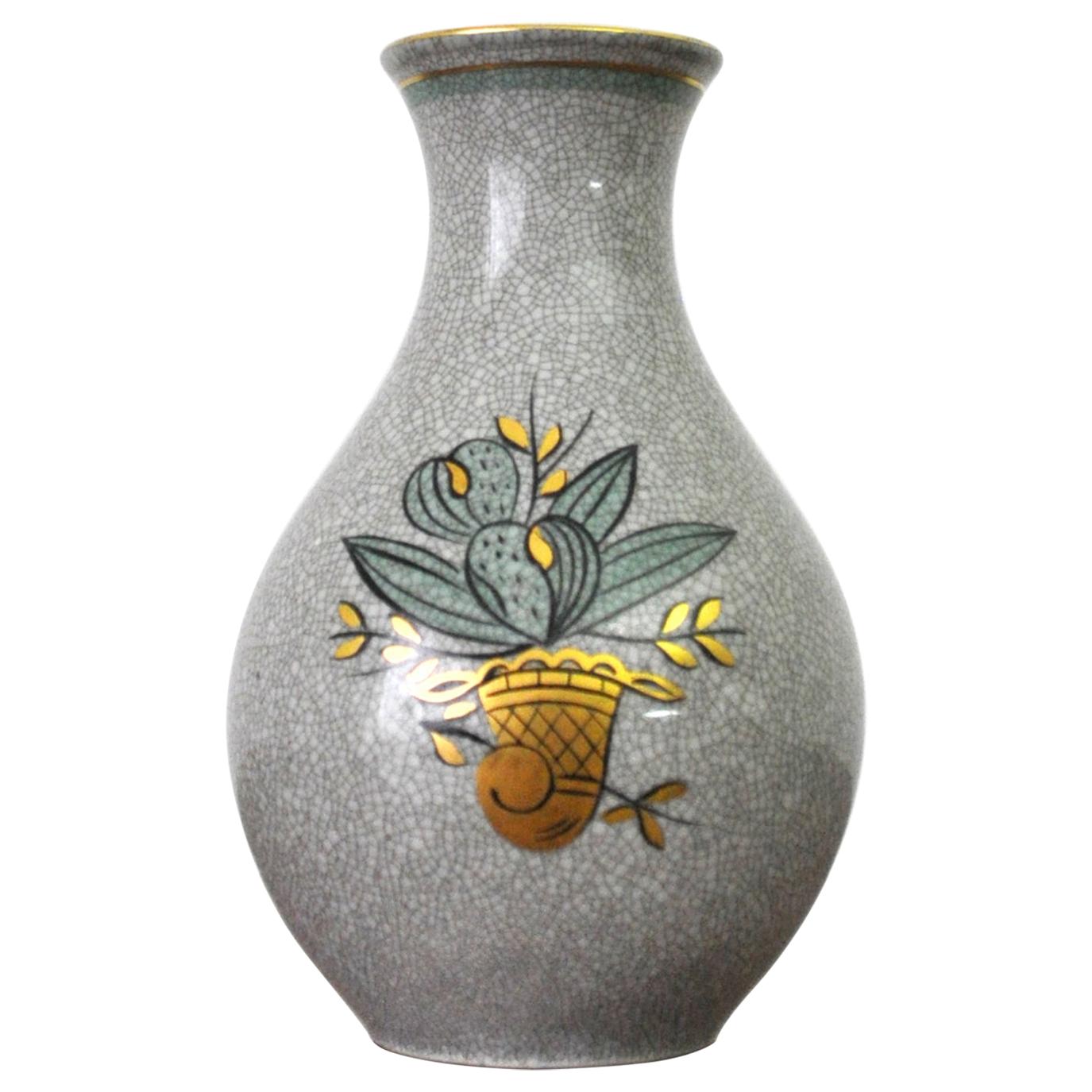 Craquele Glaze Porcelain Vase, Gold and Green on Grey, Lyngby Porcelain, 1930s For Sale