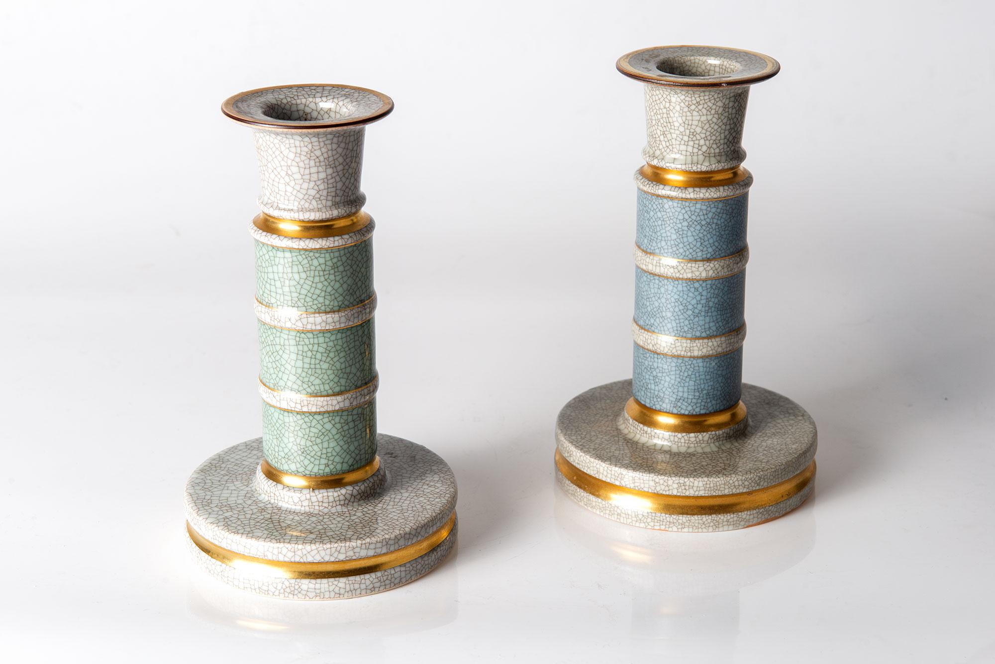 Stunning pair of craquelé ceramic candle holders by Royal Copenhagen.