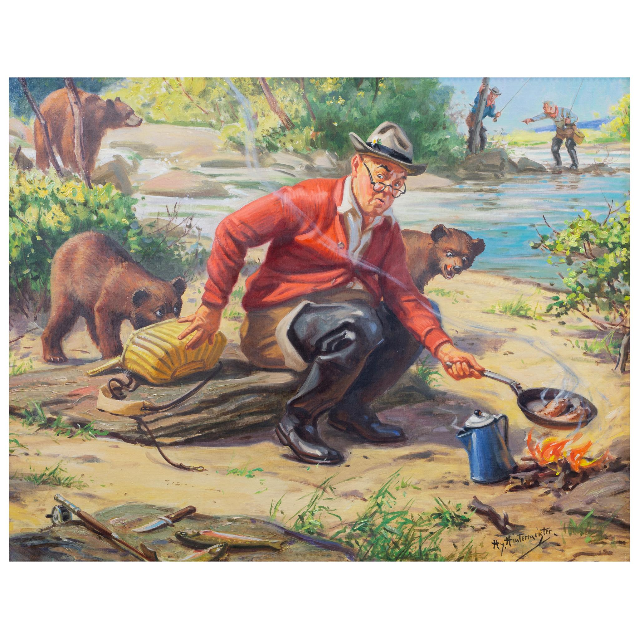 Oil on canvas by Hy Hintermeister 1897-1972. From the archives of the Shaw Barton Calendar company. Used for early calendar print. Part of the humorous fishing series he started. 27”x22”. Well framed.

Henry Hintermeister was born in 1897 in New