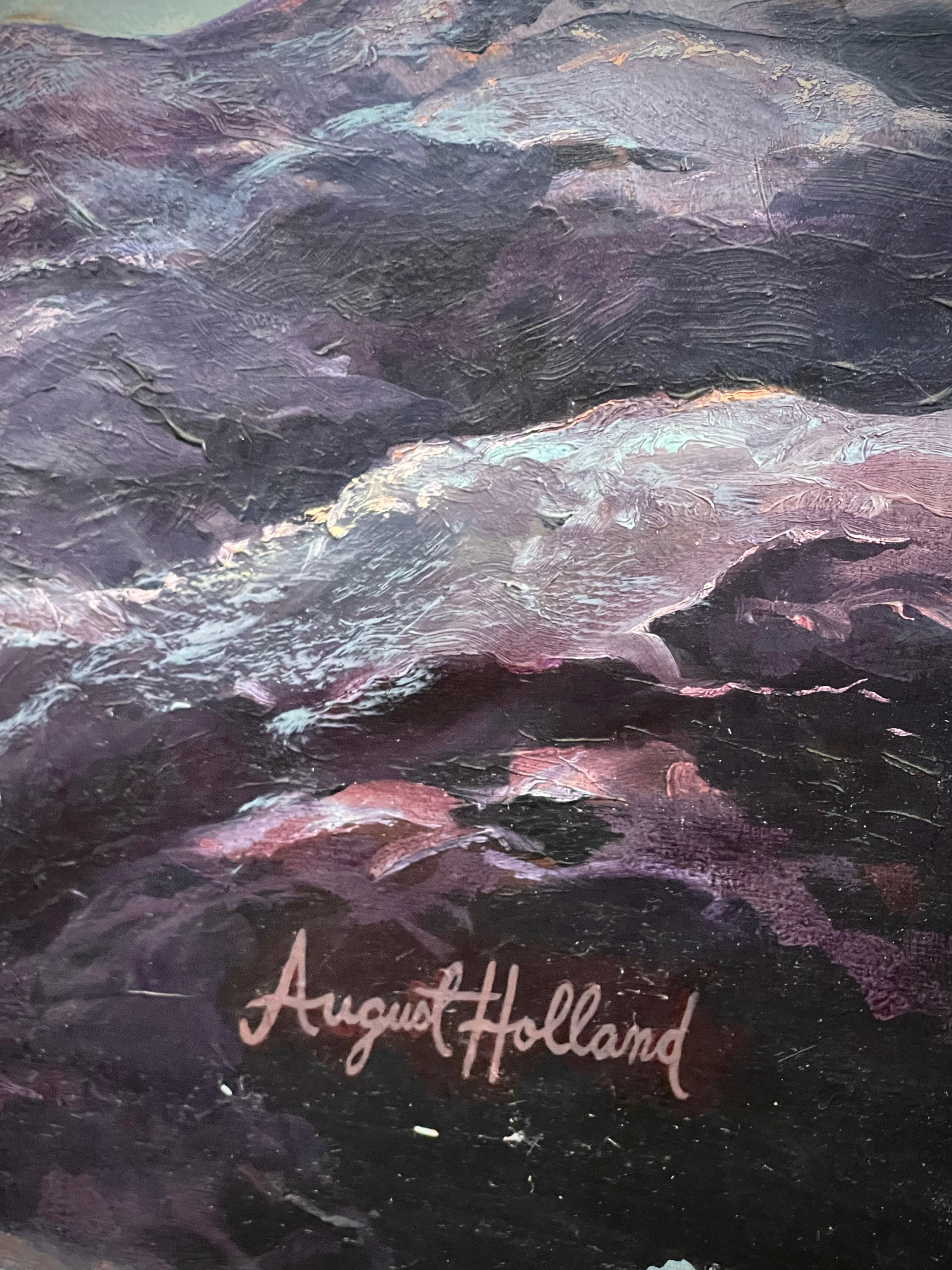 Olas rompientes Óleo náutico vintage sobre lienzo Pintura firmada por August Holland 2