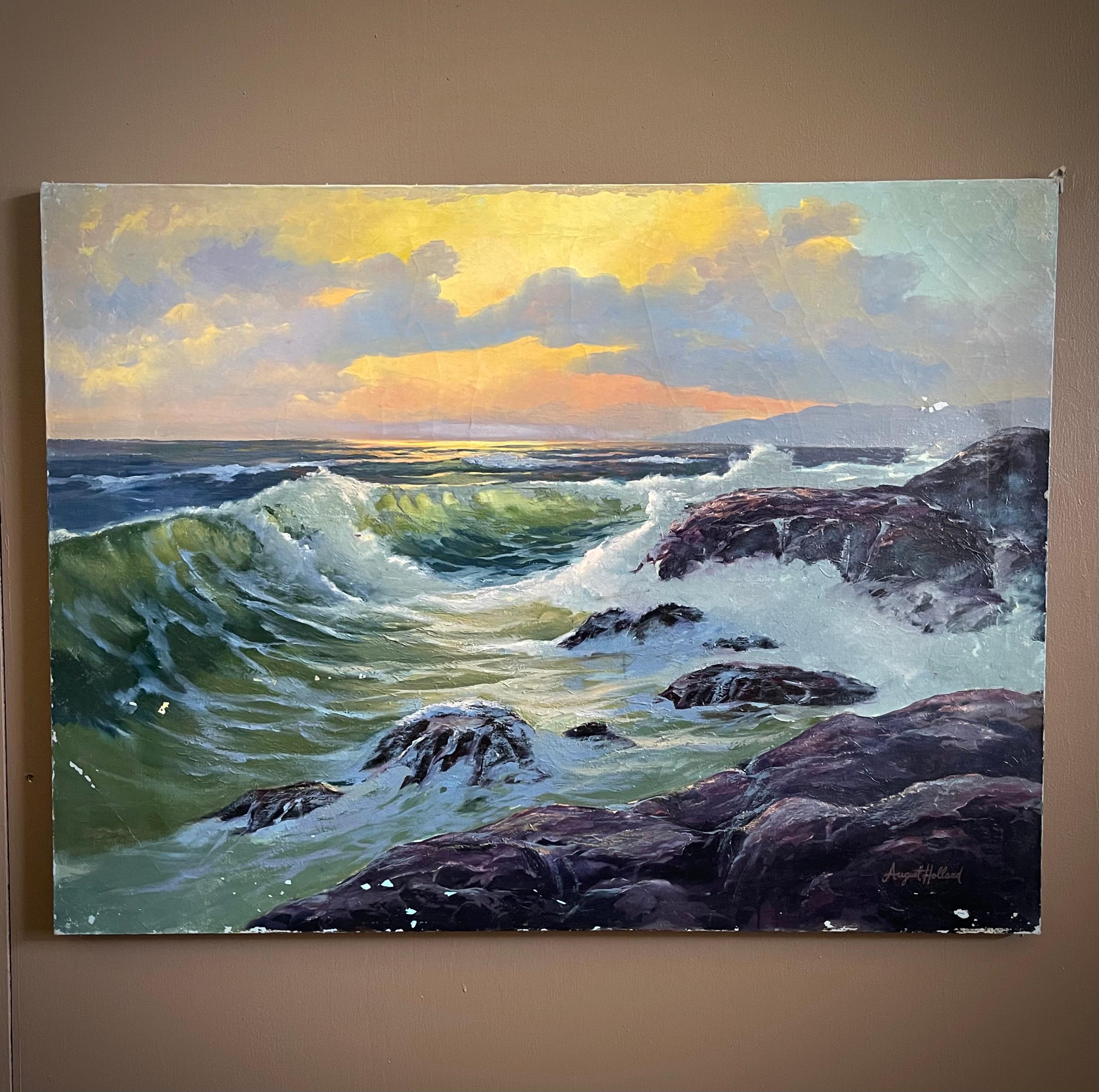 Capture the raw power and beauty of the ocean with this stunning postmodern oil painting by Illinois-born artist August Holland. Born in 1928, Holland began at a very early age mixing colors and painting with his uncle, an artist himself. Not long