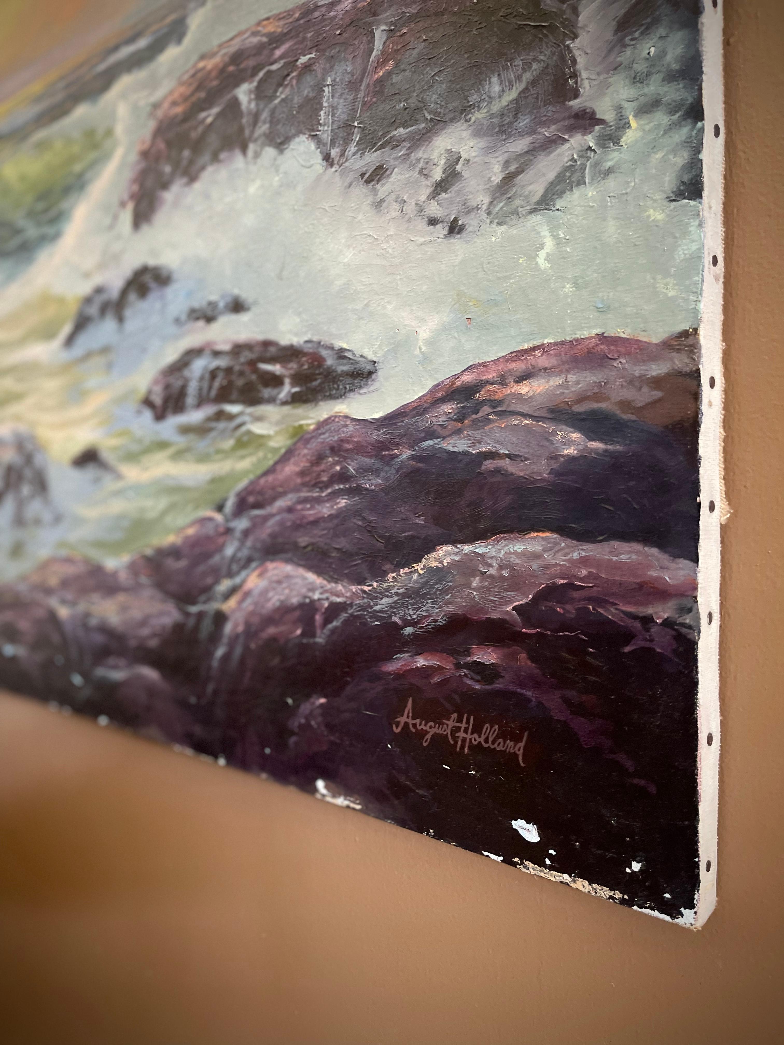 Olas rompientes Óleo náutico vintage sobre lienzo Pintura firmada por August Holland Posmoderno