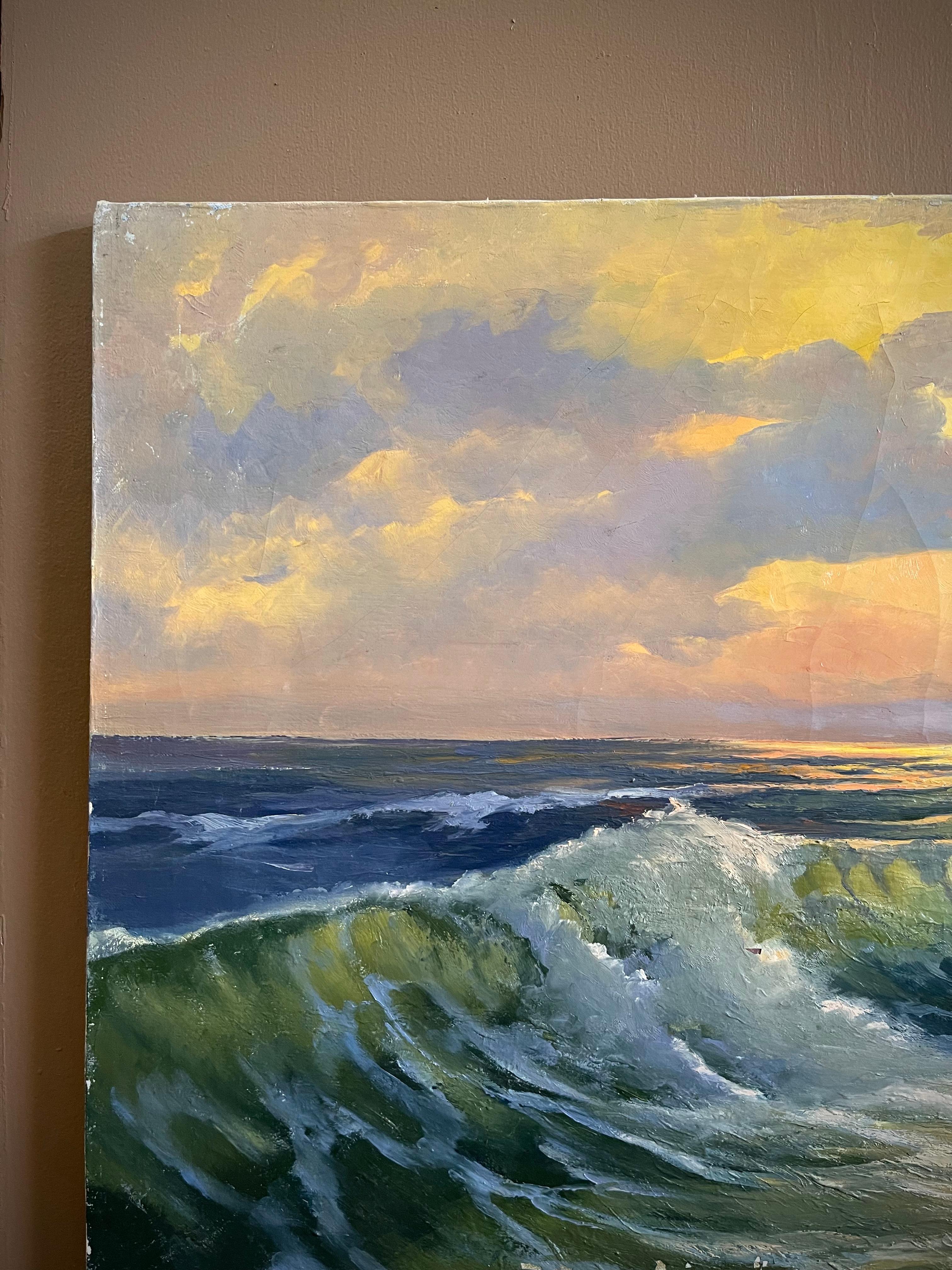 Olas rompientes Óleo náutico vintage sobre lienzo Pintura firmada por August Holland Cepillado