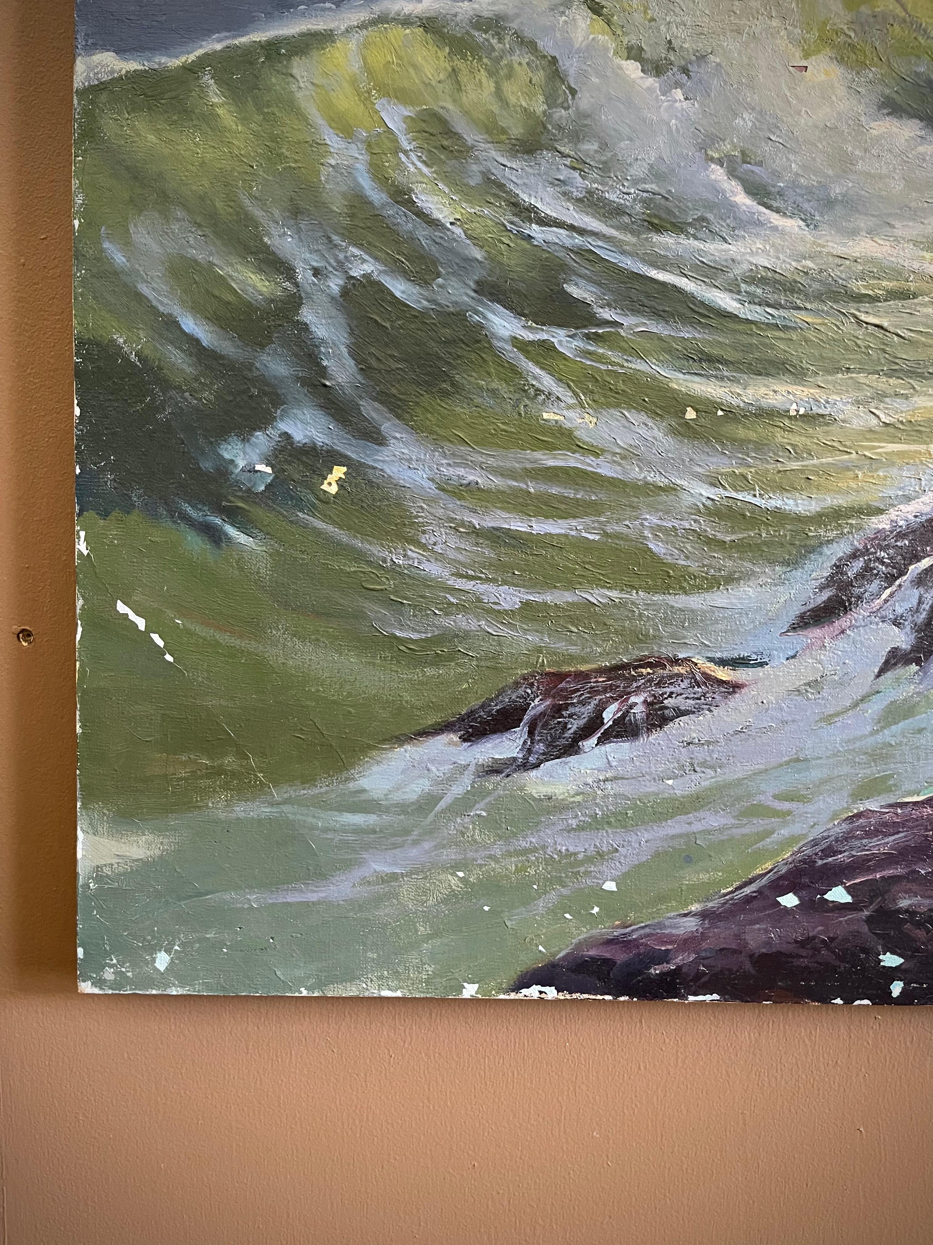 Olas rompientes Óleo náutico vintage sobre lienzo Pintura firmada por August Holland en Bueno Estado en Mckinney, TX