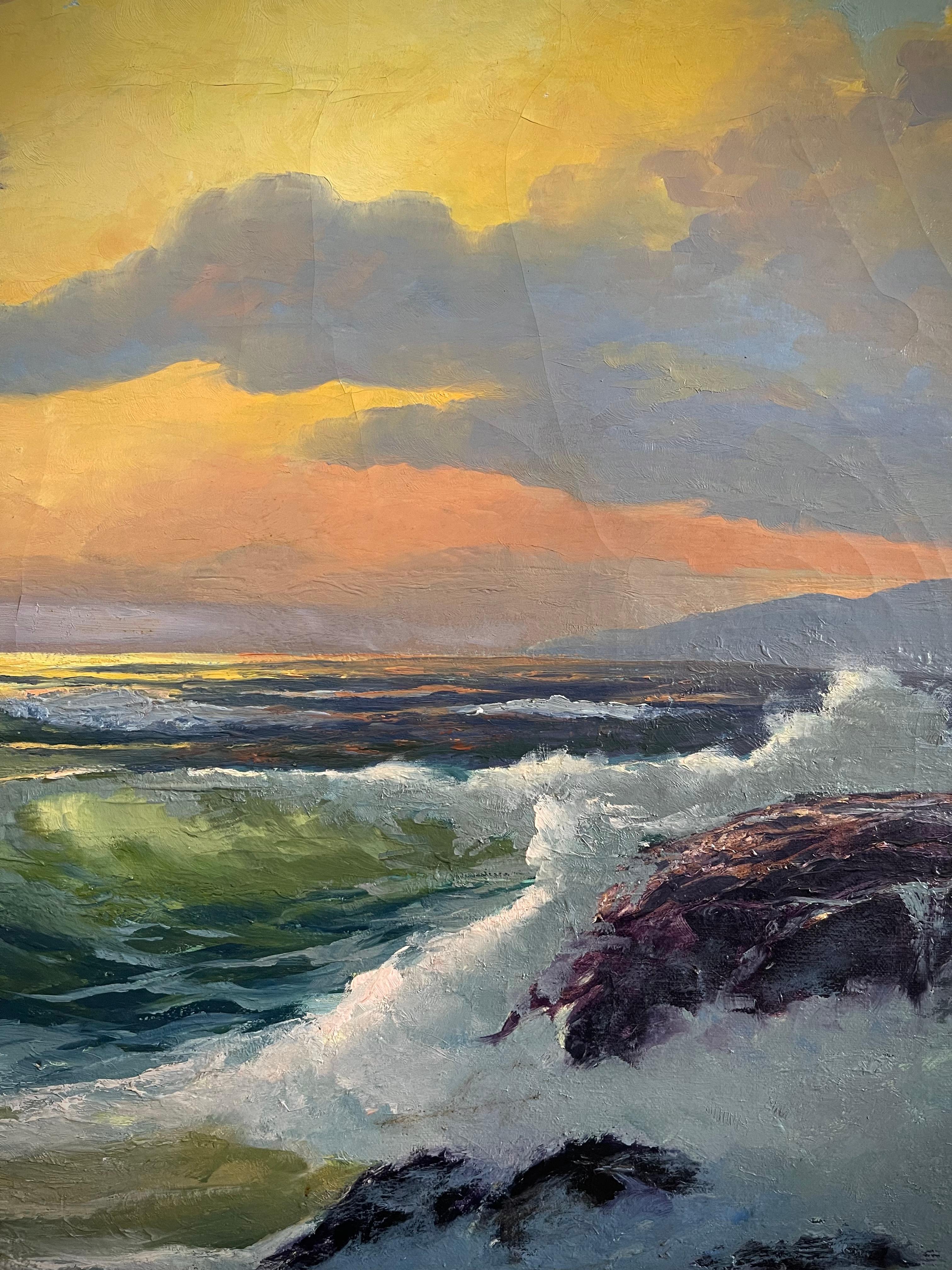 Olas rompientes Óleo náutico vintage sobre lienzo Pintura firmada por August Holland siglo XX
