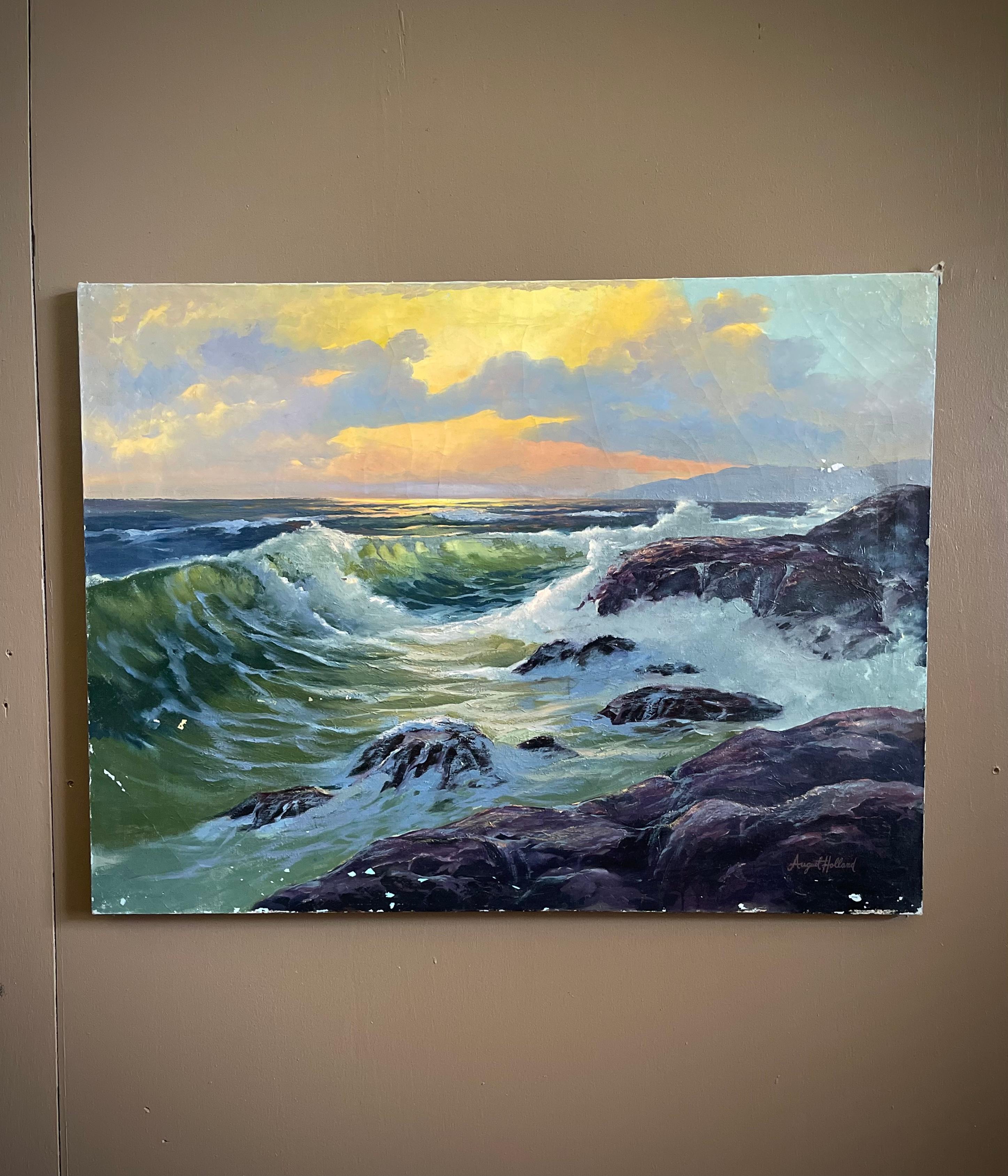 Crashing Waves Vintage Nautical Oil on Canvas Painting signed by August Holland In Good Condition For Sale In Mckinney, TX