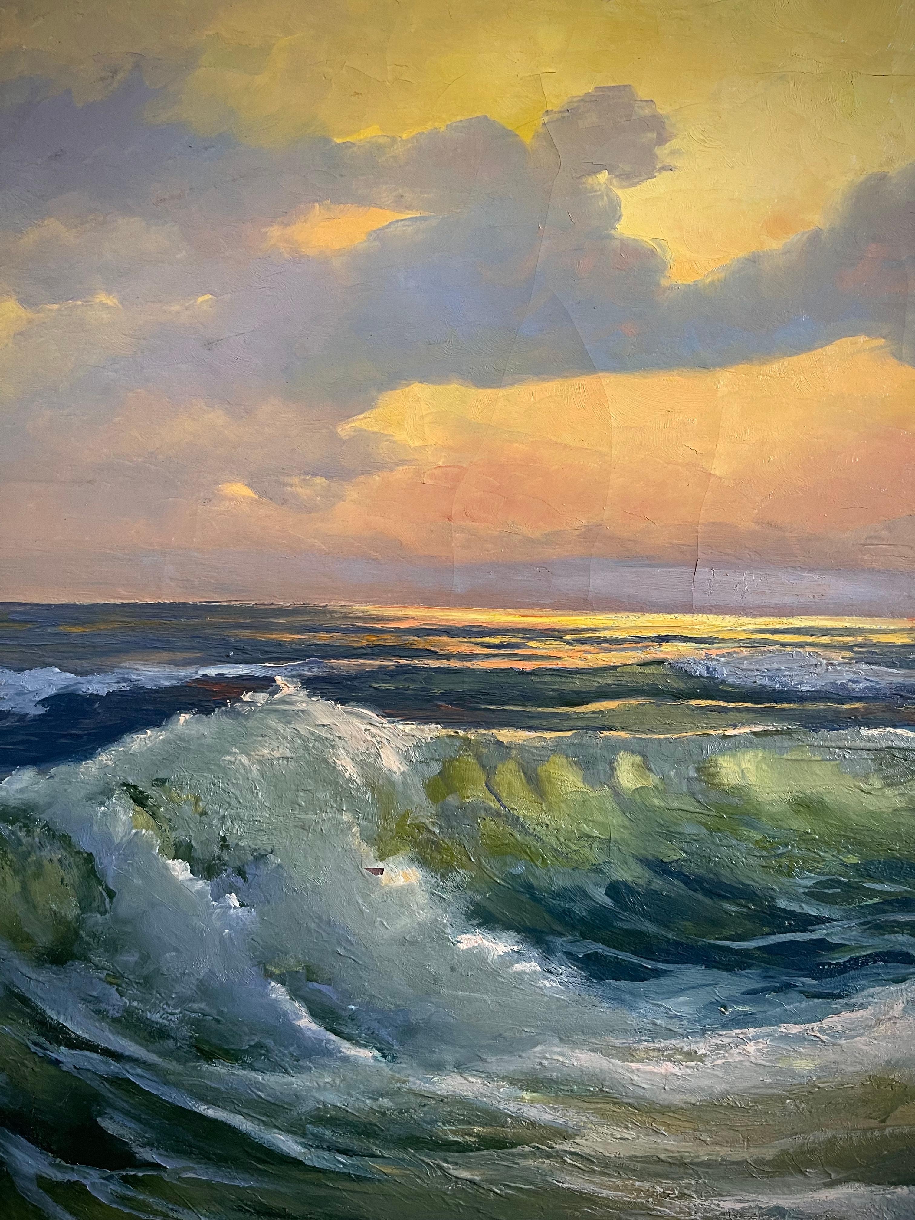 Olas rompientes Óleo náutico vintage sobre lienzo Pintura firmada por August Holland 1