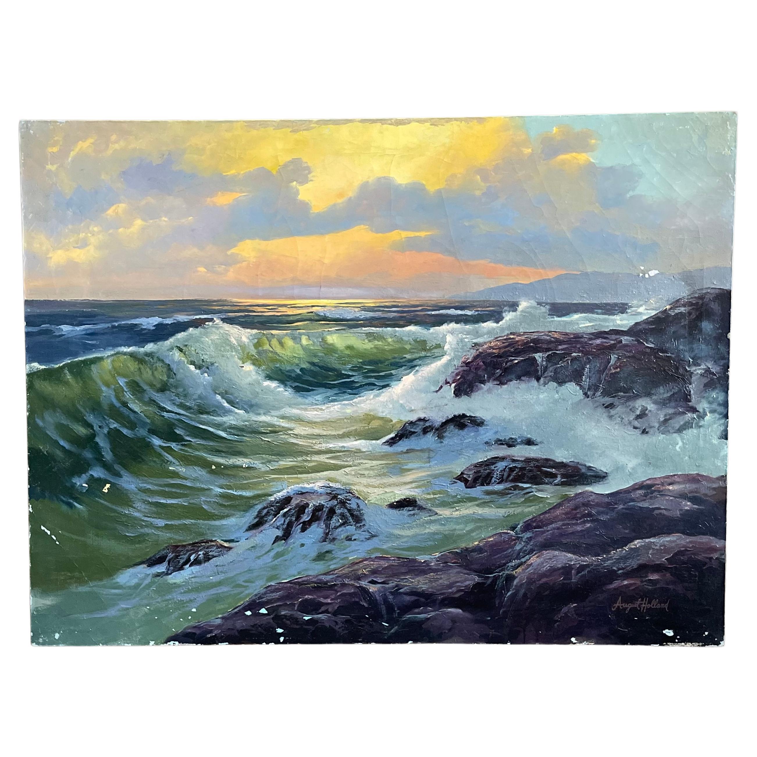 Crashing Waves Vintage Nautical Oil on Canvas Painting signed by August Holland