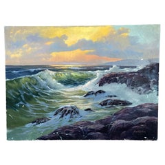 Crashing Waves Retro Nautical Oil on Canvas Painting signed by August Holland