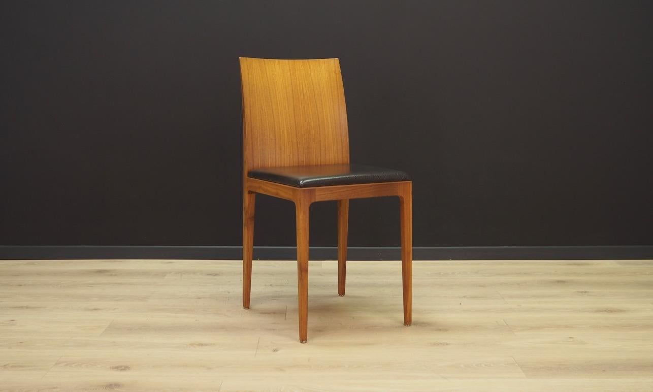 Set of six fantastic chairs from the 1990s. Anna's model was designed by Ludovic & Roberto Palomb and manufactured by Crassevig. Construction is made of walnut wood, original leather upholstery. Maintained in good condition (minor bruises and
