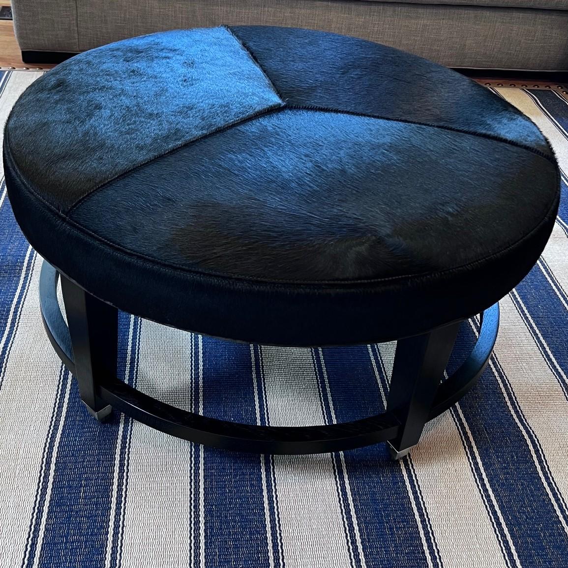 Crate & Barrel Round Hair-on-Hide Ottoman with Chrome Casters, Modernist Style For Sale 4