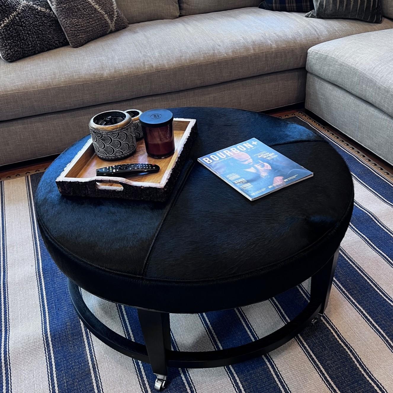 Crate & Barrel Round Hair-on-Hide Ottoman with Chrome Casters, Modernist Style For Sale 5