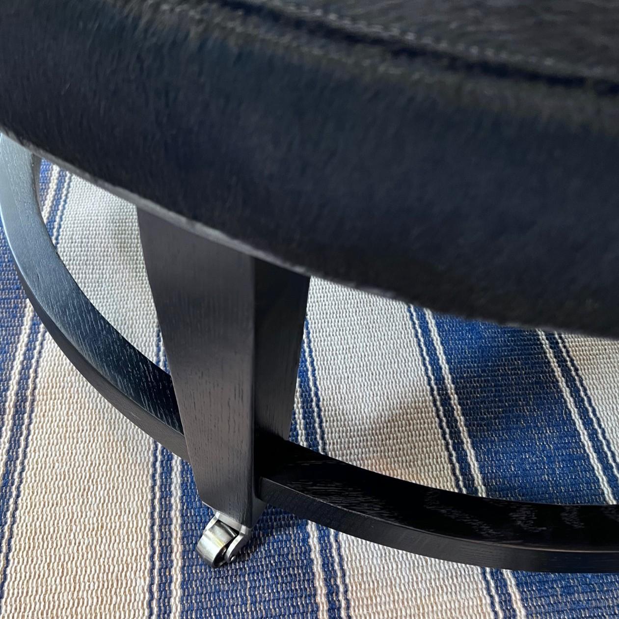 Crate & Barrel Round Hair-on-Hide Ottoman with Chrome Casters, Modernist Style For Sale 7
