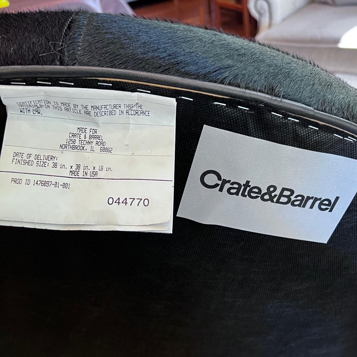 Crate & Barrel Round Hair-on-Hide Ottoman with Chrome Casters, Modernist Style In Excellent Condition For Sale In Morristown, NJ