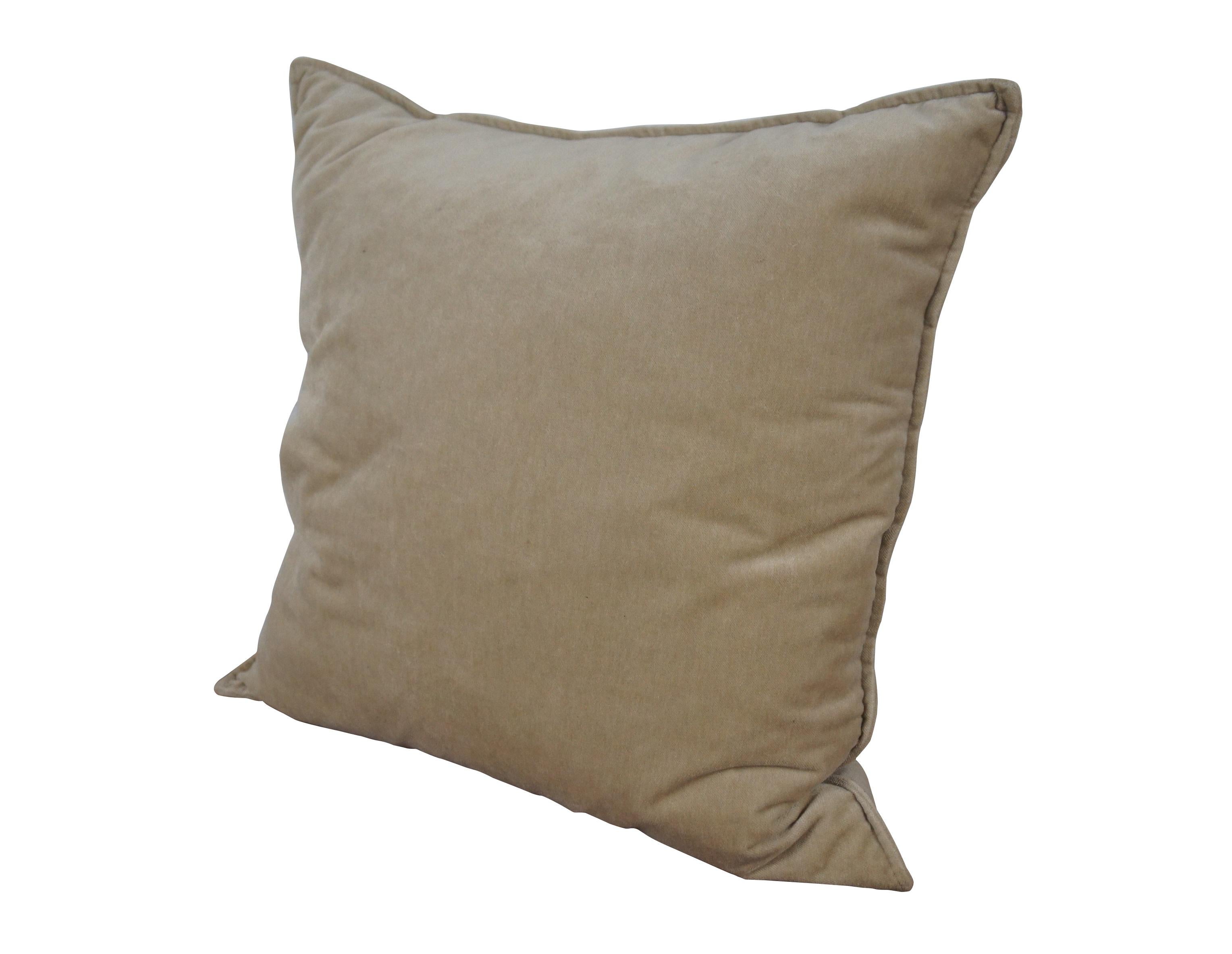 Late 20th century square throw pillow by Crate and Barrel. Vanilla / light brown 65% Polyester / 35% Cotton velour cover with piped edge and zipper closure. Down filled. Made in Mexico. Dry Clean Only.

Dimensions:
20