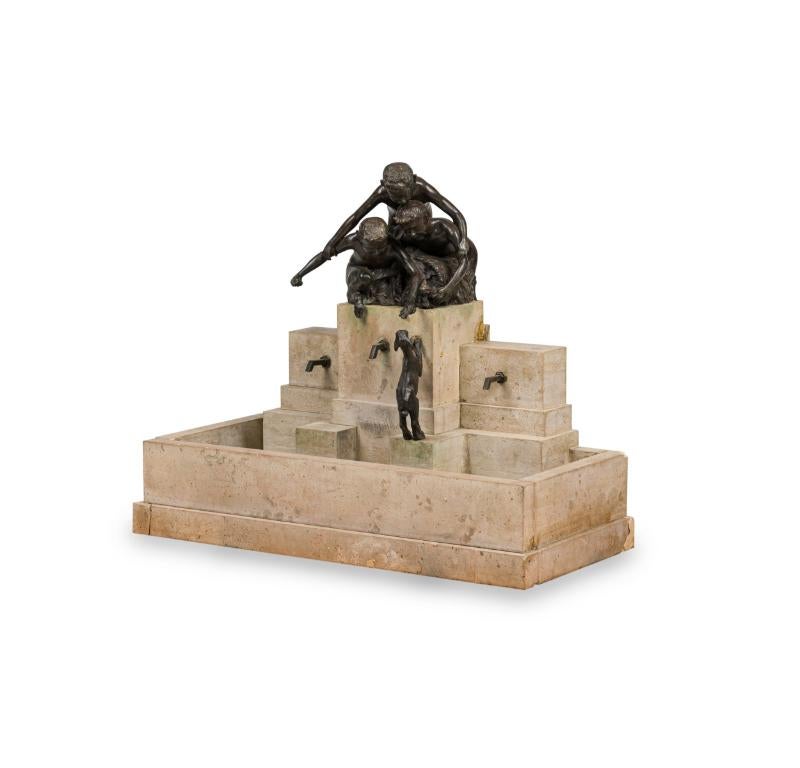 Fontana d'acqua alternata italiana del XIX secolo, scolpita e costruita a mano, in scala di marmo e con le figure in bronzo di 3 bambini impertinenti che attirano una capra.

Condizioni operative sconosciute // Non testato per la ritenzione idrica