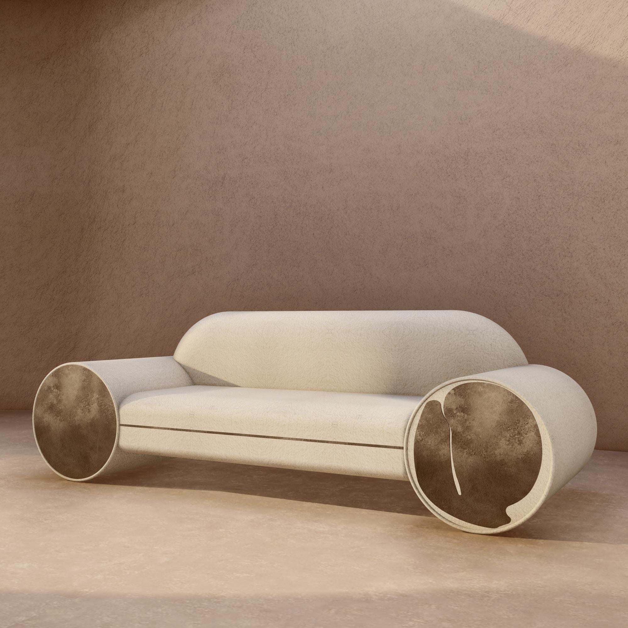 Gulla Jonsdottir
Crater Sofa, 2022
Burnished brass and upholstery
As shown: Rosemary Hallgarten Pebble Bouclé, Alabaster
24 x 98.5 x 36 in
Edition of 12
 
As shown: additional $3,680 net for 16 yards ($230/yard net)