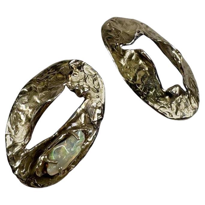 Cratere Oval Earrings with Raw Opal in Bronze by Lo Studiolo Genève For Sale