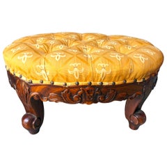Craved Wood Footstool with Upholstered Top