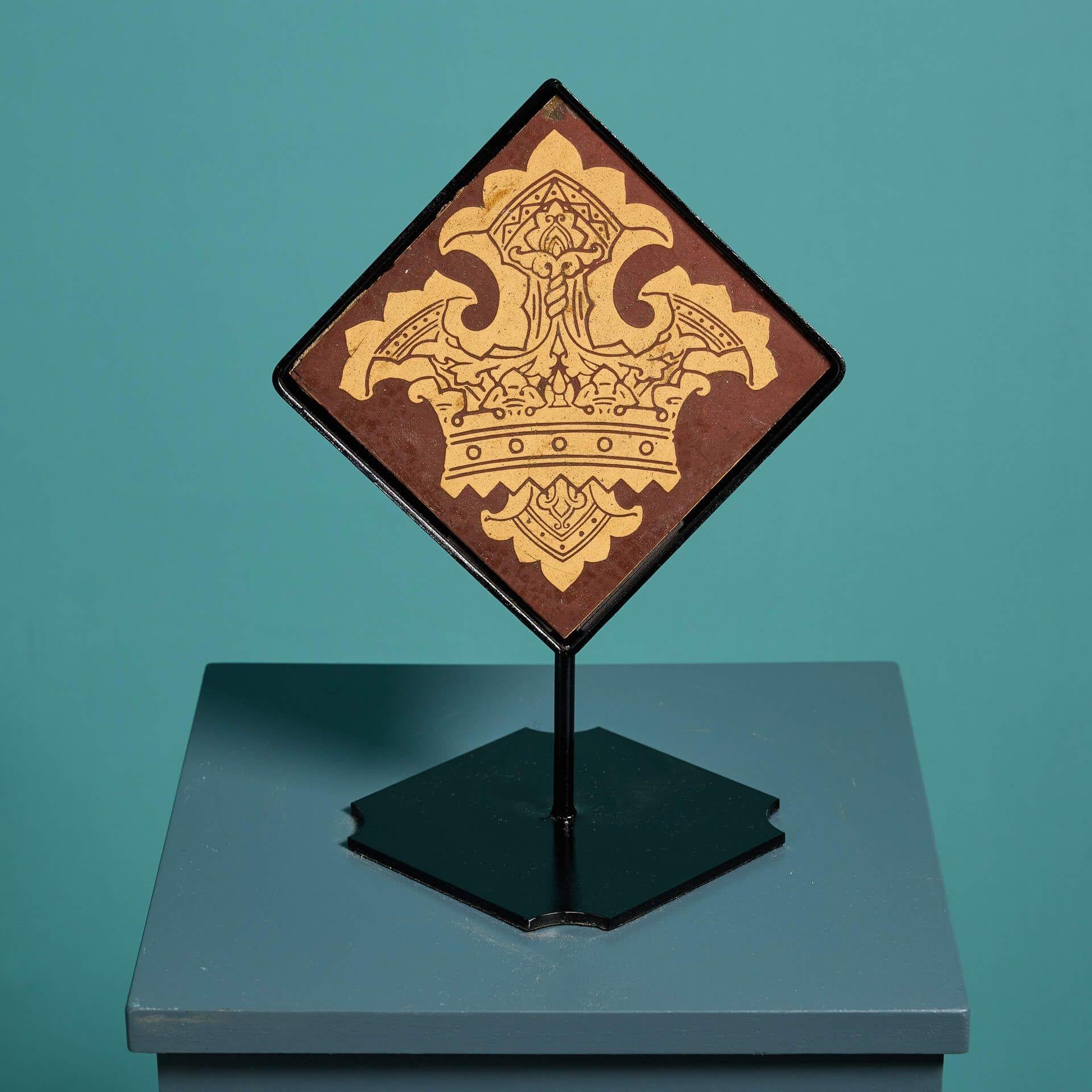 English Craven Dunnill & Co 6-inch Encaustic Crown Tile on Stand For Sale