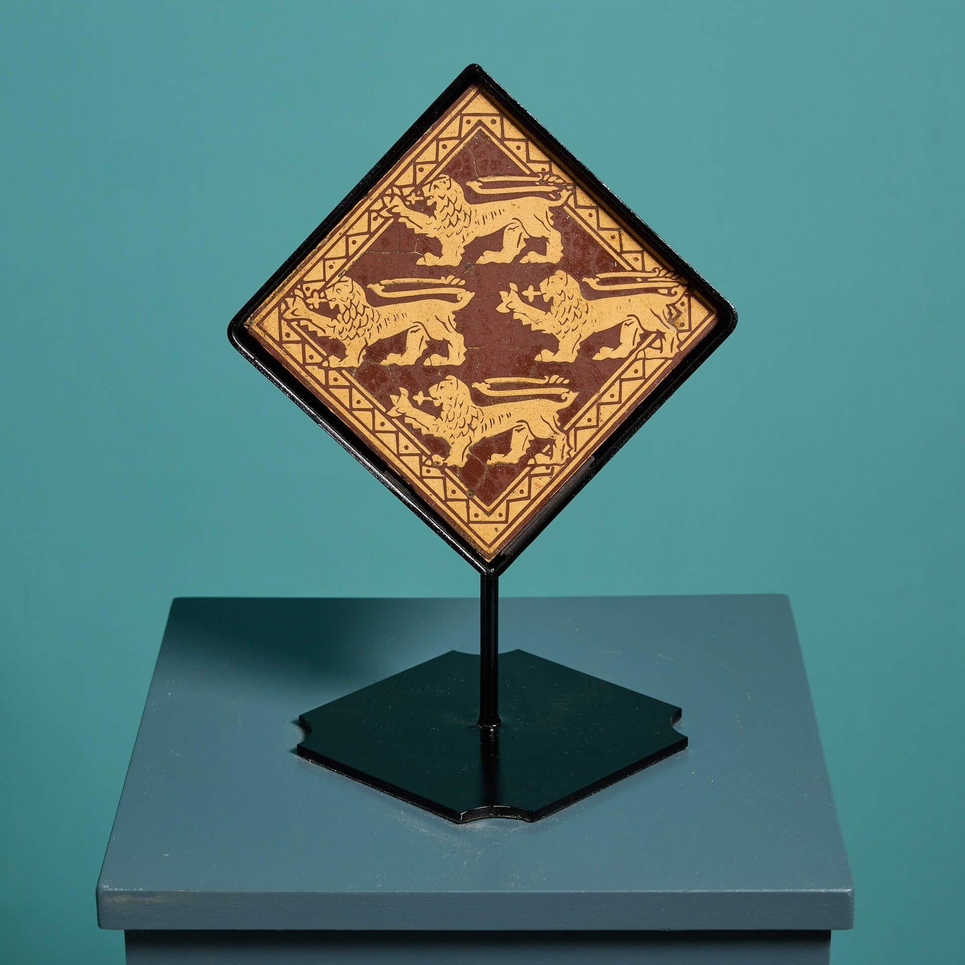 English Craven Dunnill & Co 6-inch Encaustic Lion Tile on Stand For Sale