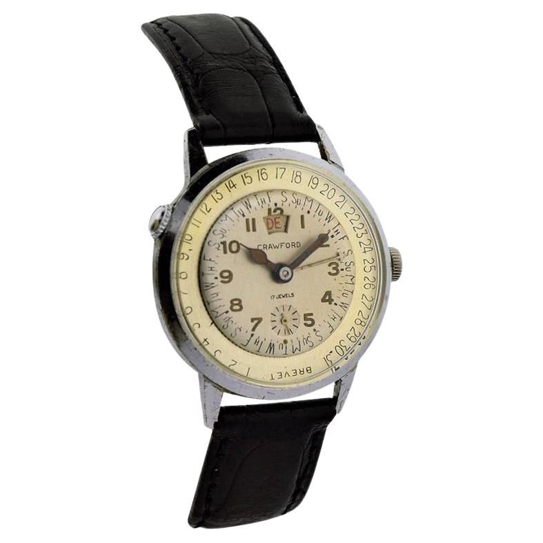 FACTORY / HOUSE: Crawford Watch Company
STYLE / REFERENCE: Round / Sport Style
METAL / MATERIAL: Steel Back / Chrome Case
CIRCA: 1950's
DIMENSIONS: Length 40mm X Diameter 34mm
MOVEMENT / CALIBER: Manual Winding / 17 Jewels 
DIAL / HANDS: Original