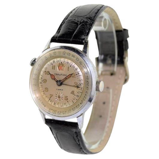 Art Deco Crawford Stainless Steel and Chrome Calendar Manual Watch, circa 1950s For Sale