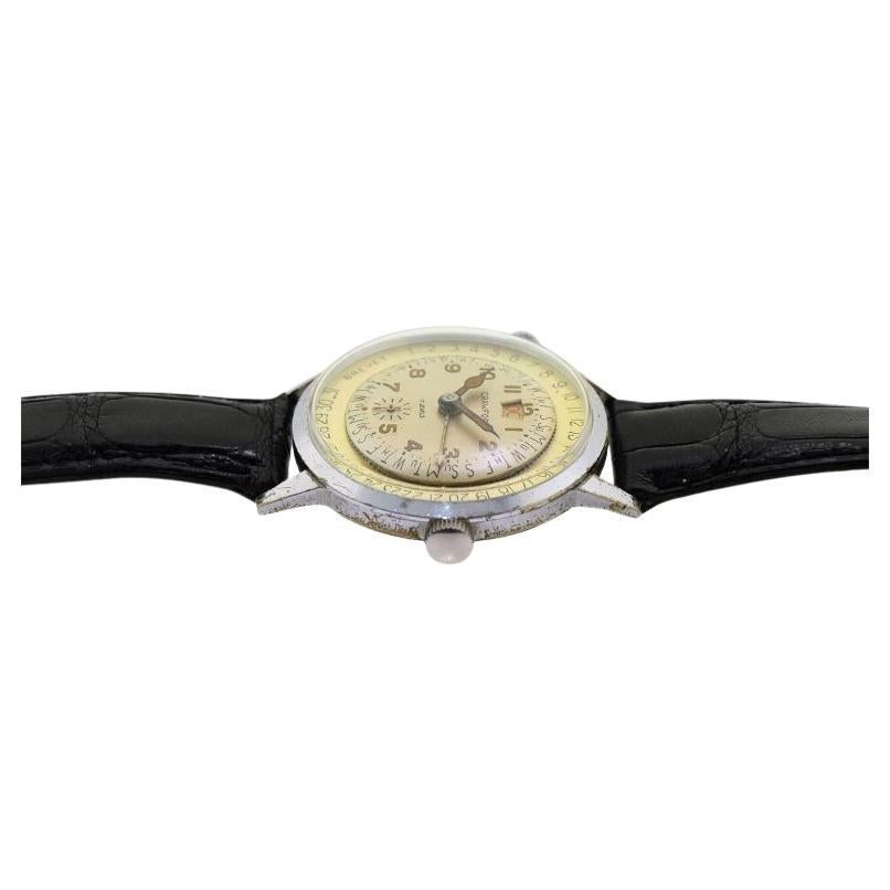 Women's or Men's Crawford Stainless Steel and Chrome Calendar Manual Watch, circa 1950s For Sale