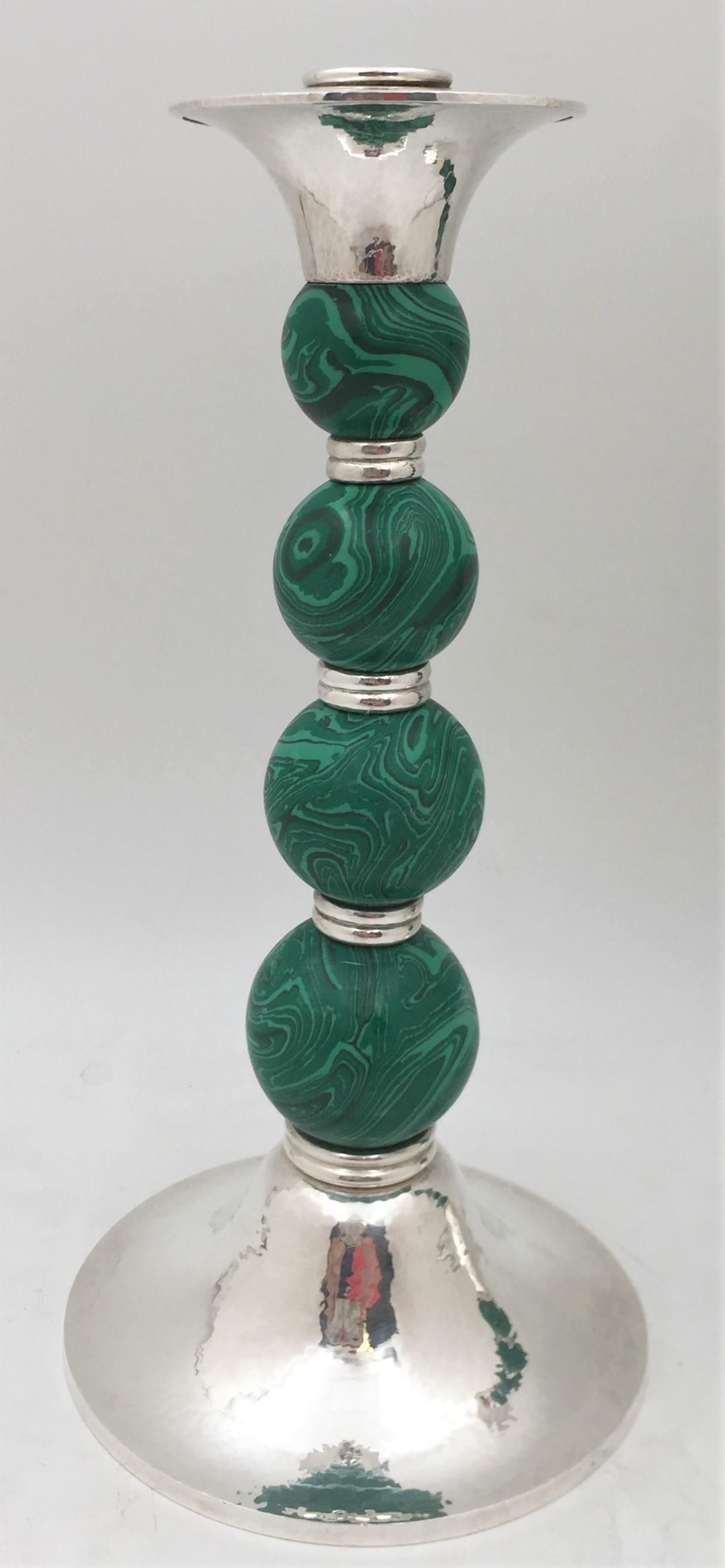 English Crawford Sterling Silver and Malachite Candlesticks in Mid-Century Modern Style For Sale