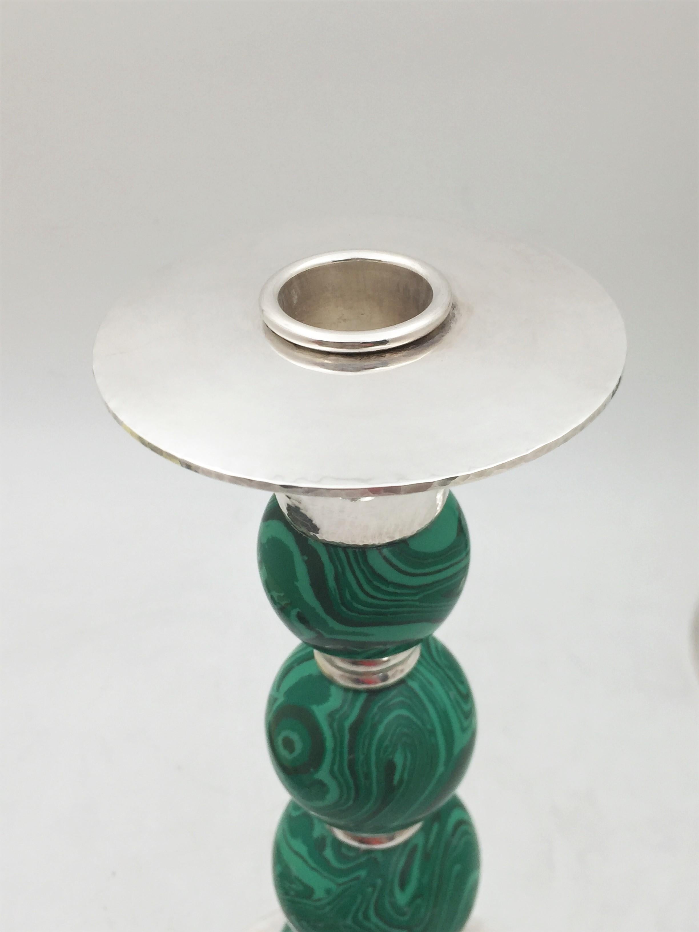 Crawford Sterling Silver and Malachite Candlesticks in Mid-Century Modern Style In Good Condition For Sale In New York, NY