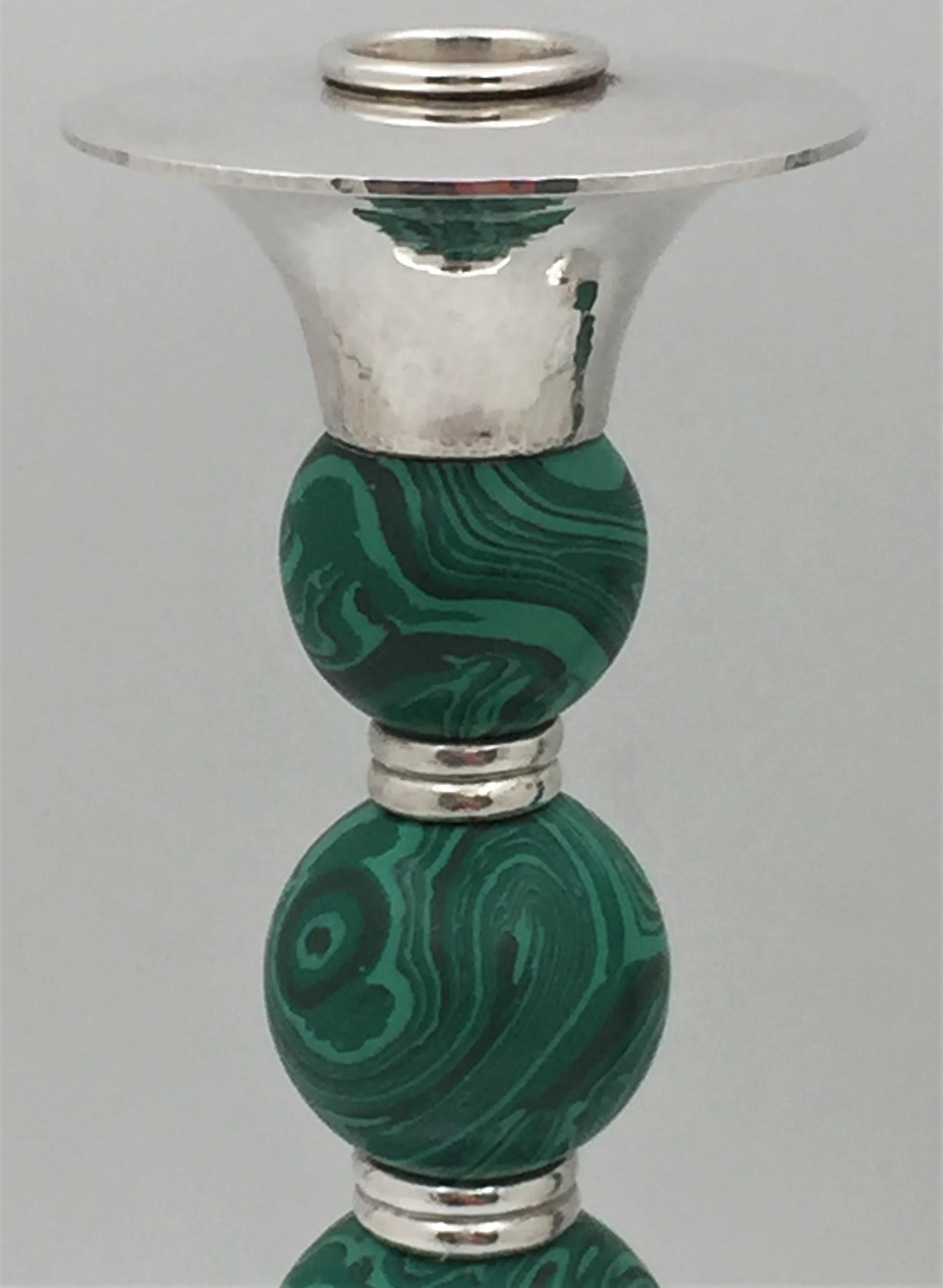 20th Century Crawford Sterling Silver and Malachite Candlesticks in Mid-Century Modern Style For Sale