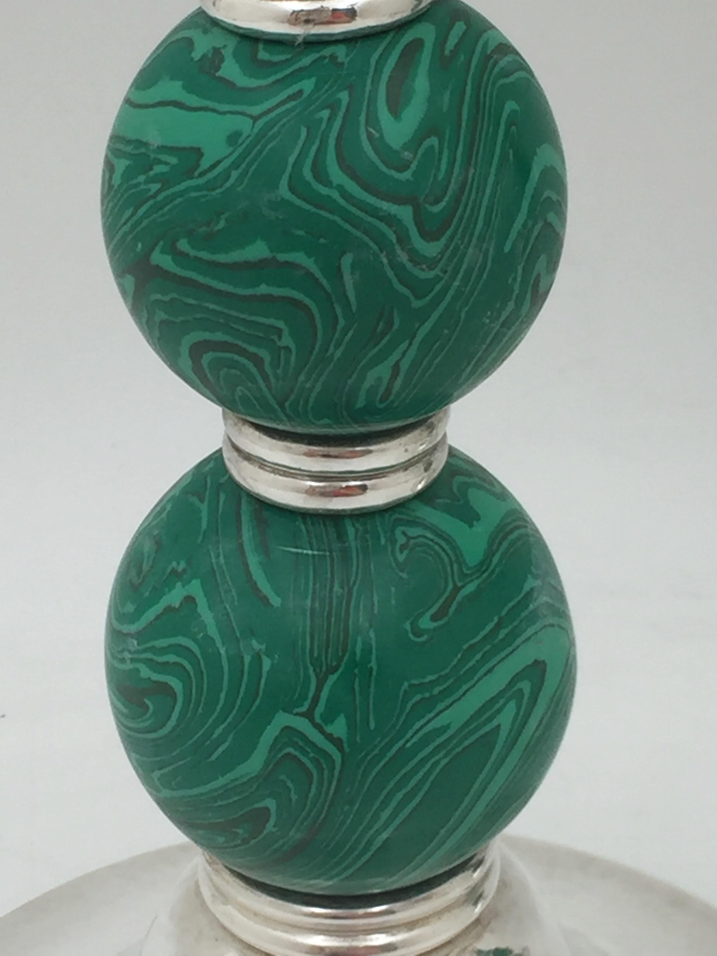 Crawford Sterling Silver and Malachite Candlesticks in Mid-Century Modern Style 1