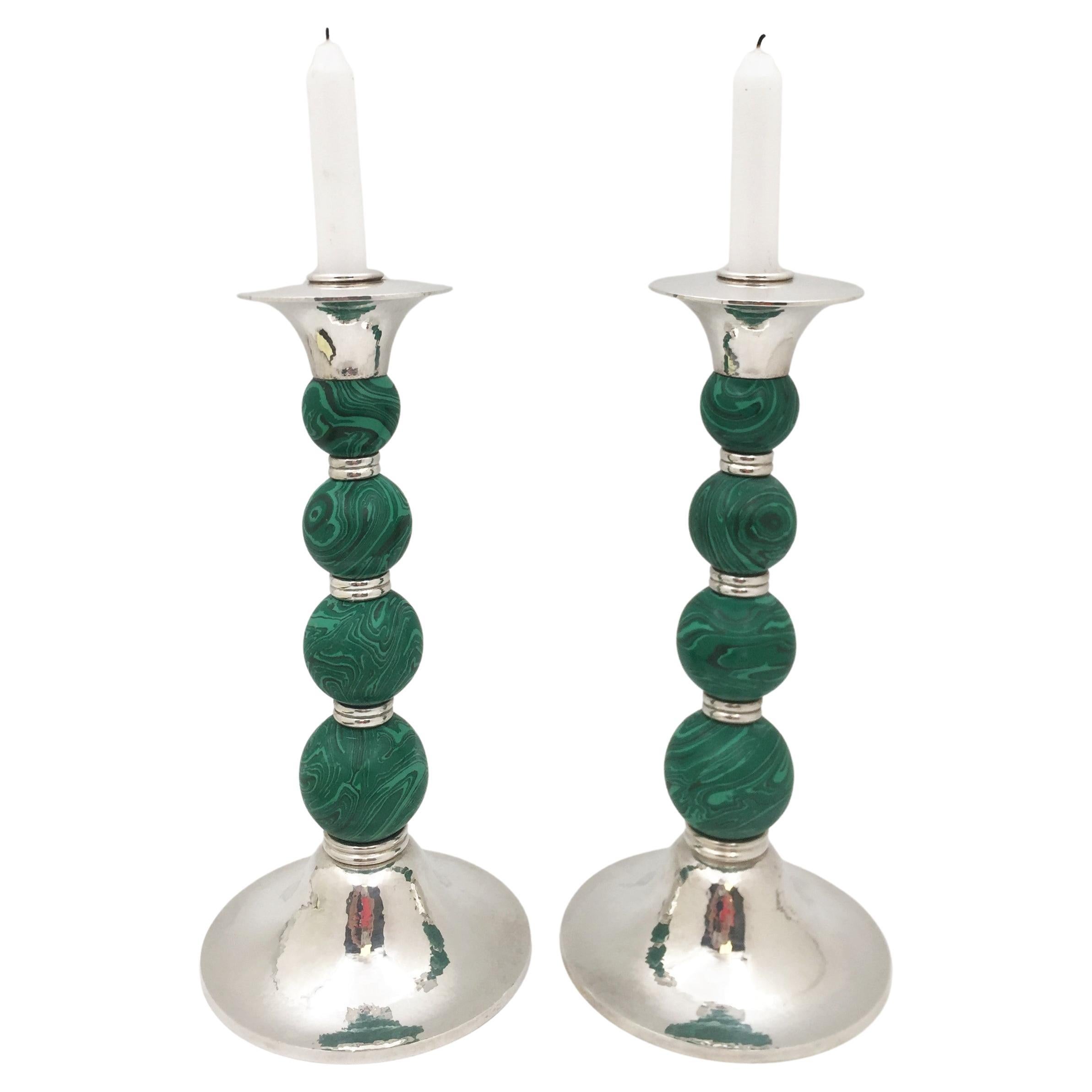 Crawford Sterling Silver and Malachite Candlesticks in Mid-Century Modern Style