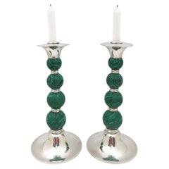 Crawford Sterling Silver and Malachite Candlesticks in Mid-Century Modern Style