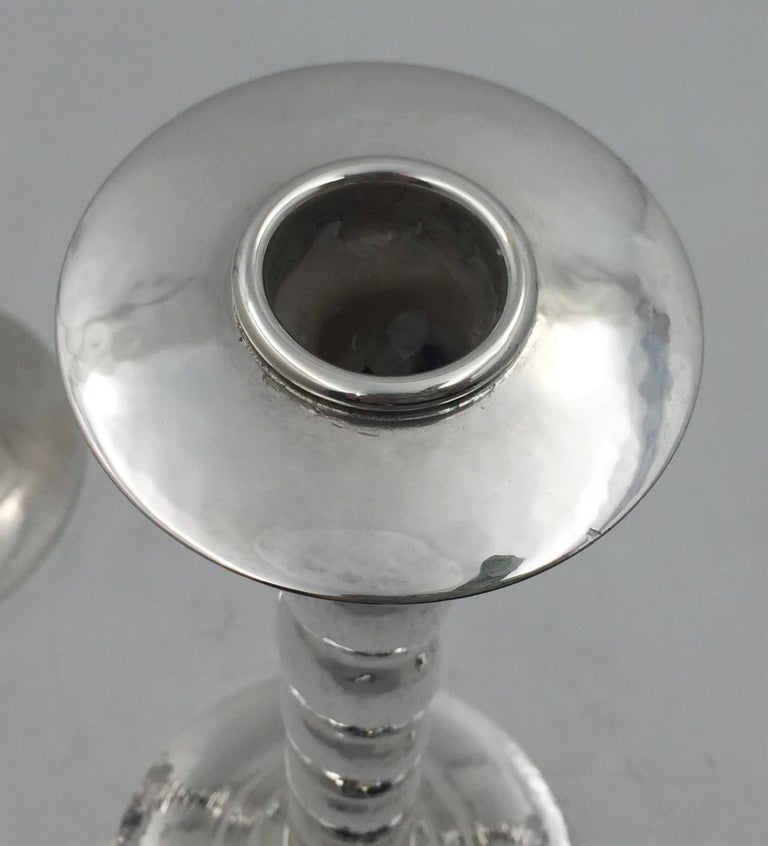 Crawford Sterling Silver Hammered Set of 4 Candlesticks Mid-Century Modern In Good Condition For Sale In New York, NY