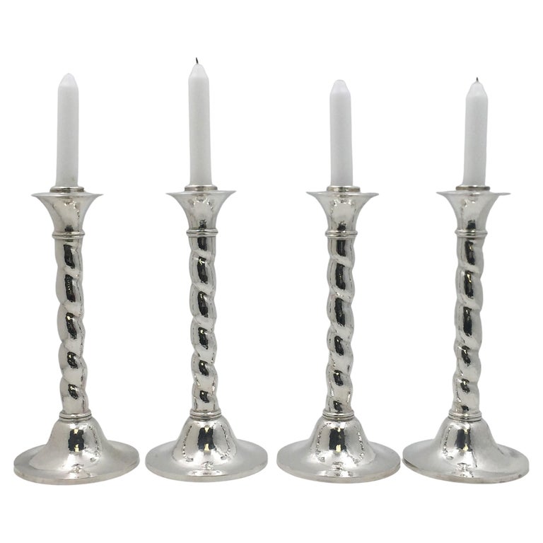 Crawford Sterling Silver Hammered Set of 4 Candlesticks Mid-Century Modern For Sale