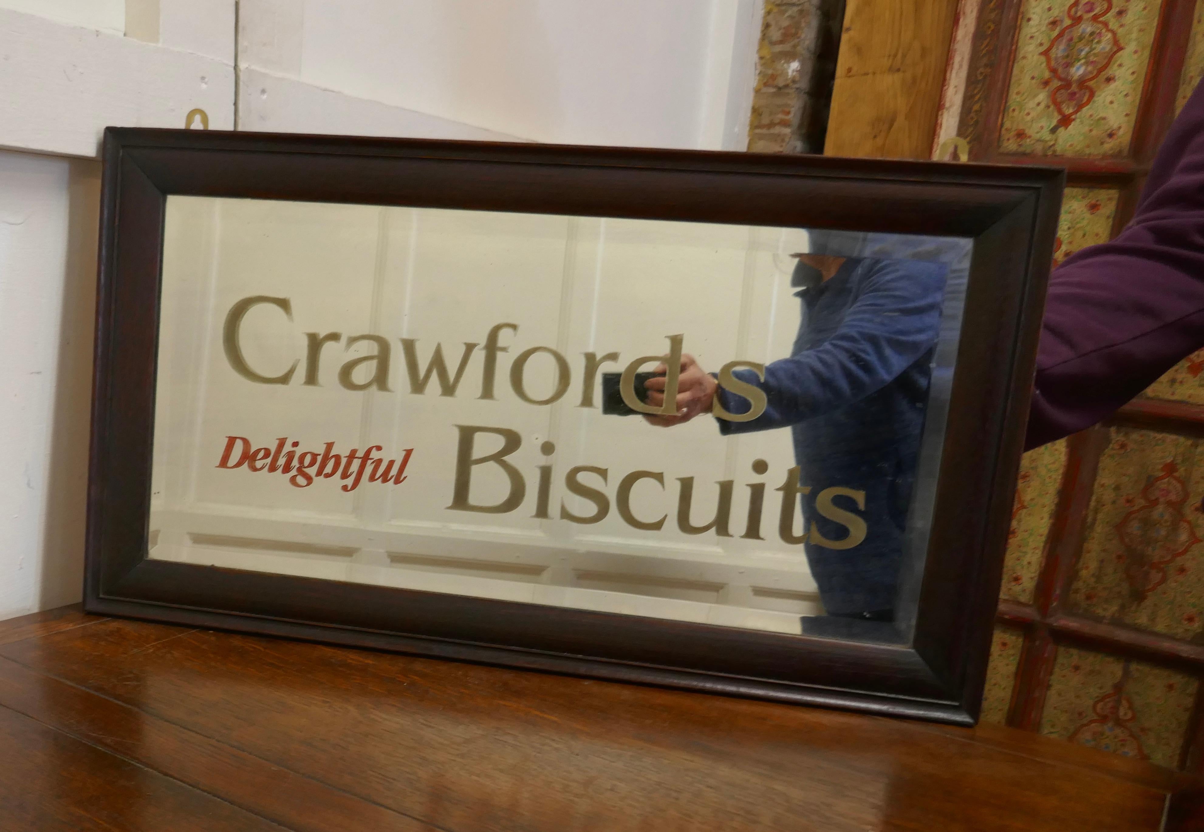 “Crawford’s Delightful Biscuits” baker/cafe advertising mirror.

This is a good piece the bevelled mirror is set in a 2” wide oak frame, in the centre in large letters etched into the glass it advertises Crawford’s Delightful Biscuits

This will