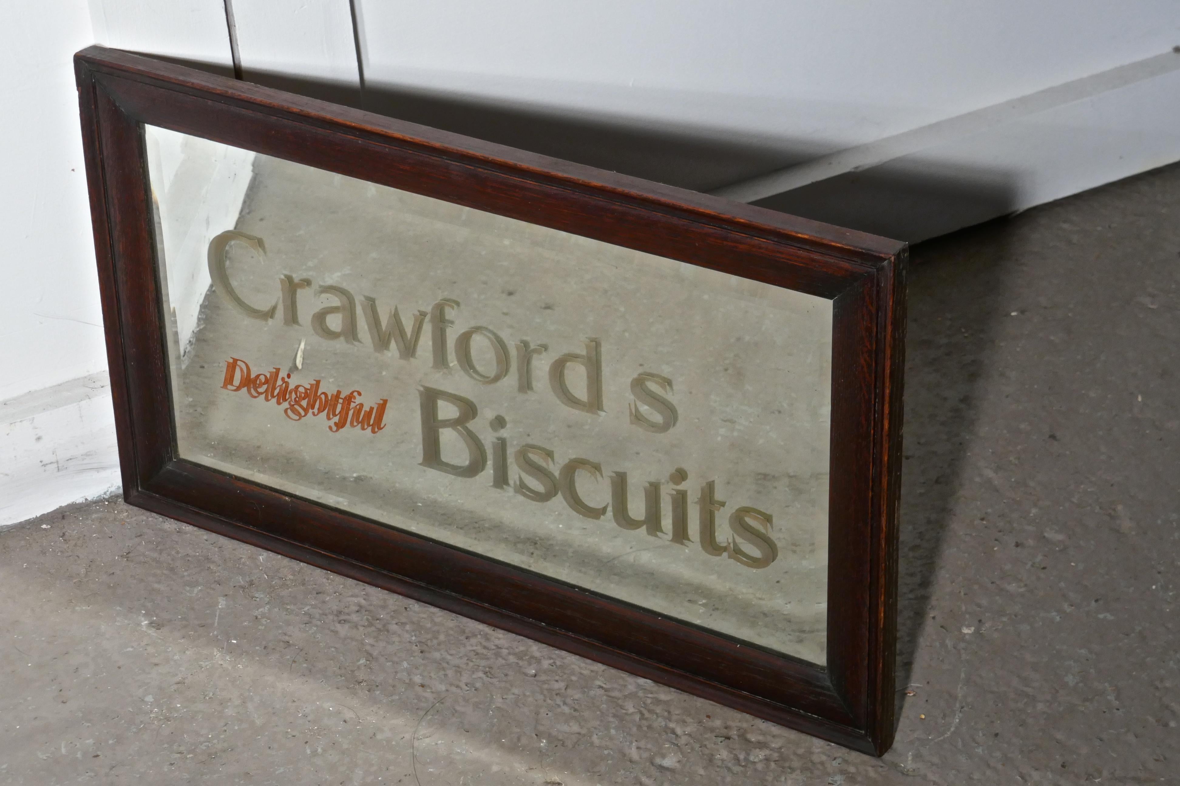 “Crawford’s Delightful Biscuits” baker/cafe advertising mirror

This is a good piece the bevelled mirror is set in a 2” wide oak frame, in the centre in large letters etched into the glass it advertises Crawford’s delightful biscuits

This will