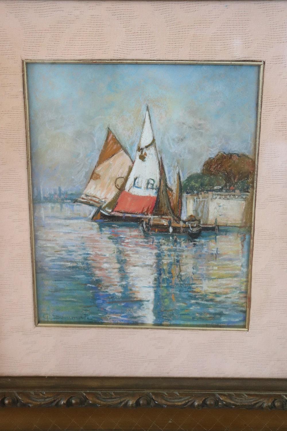 Beautiful crayon on paper 1910s. A splendid italian marine landscape with sailing boats signed by italian artist Giulio Sommati (1858-1945). Perfect for collectors who love mountain landscapes. Excellent pictorial quality. Sold with wooden frame.