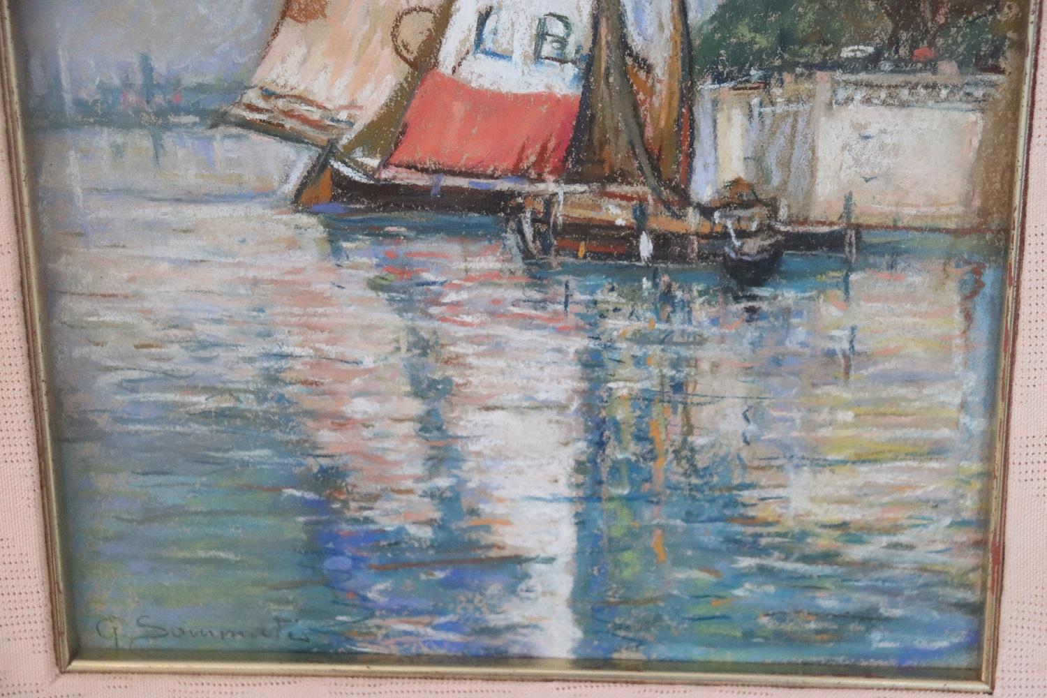 Early 20th Century Crayon on Paper Italian Marine Landscape by Giulio Sommati, 1910s For Sale