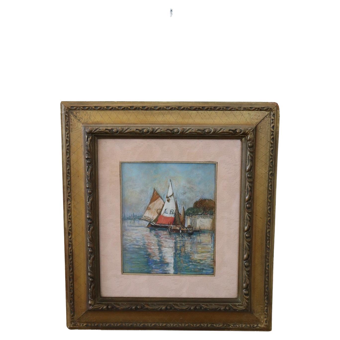 Crayon on Paper Italian Marine Landscape by Giulio Sommati, 1910s For Sale