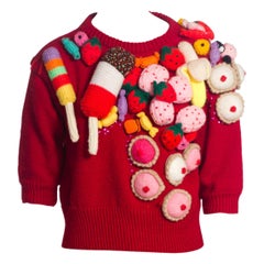 Vintage Crazy Banana Sundae  Ice Cream Fruit + Candy Handknit Wool Sweater