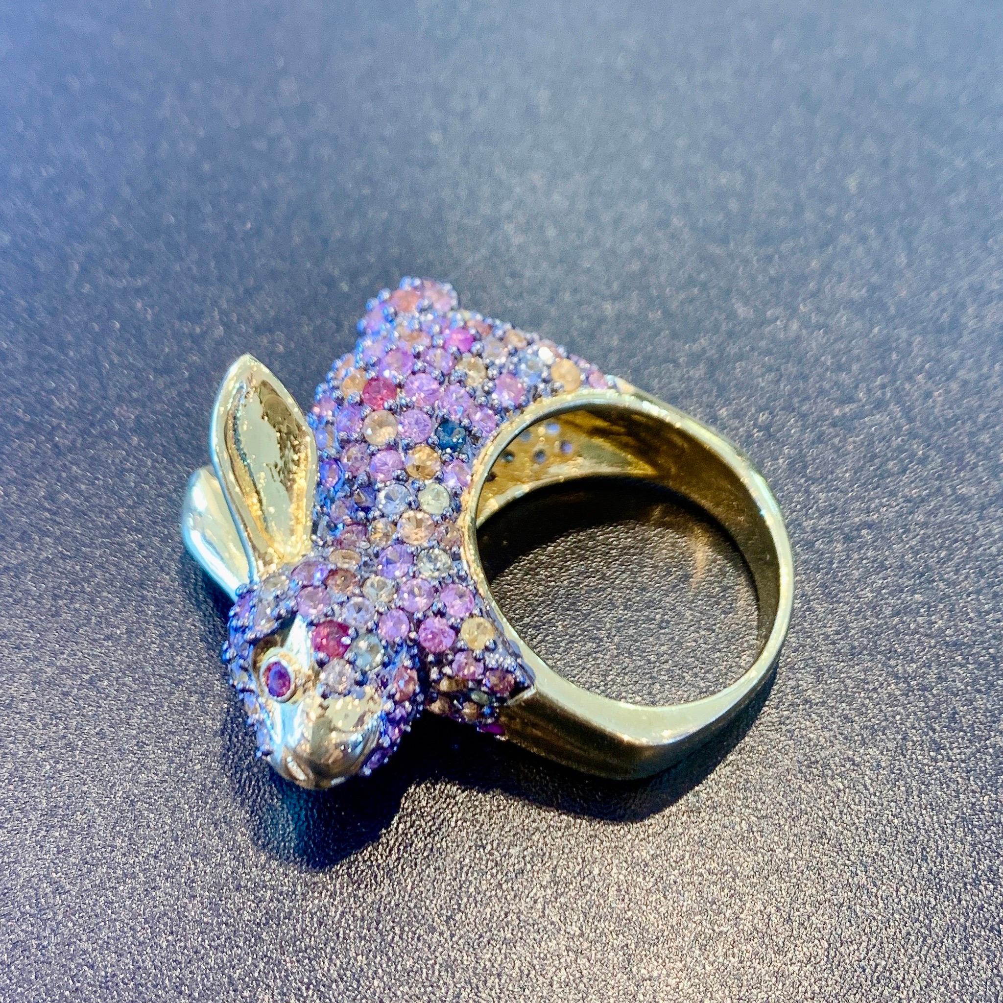 Crazy Bunny Multi color Natural Sapphire Ring 
Pink Sapphire/ Natural 
Blue Sapphire / Natural 
Red Sapphire / Natural
Yellow Sapphire / Natural 
Purple Sapphire Natural 
Silver and 22K Gold plating 
3 microns thick Gold plating 
Comes with a Bochic