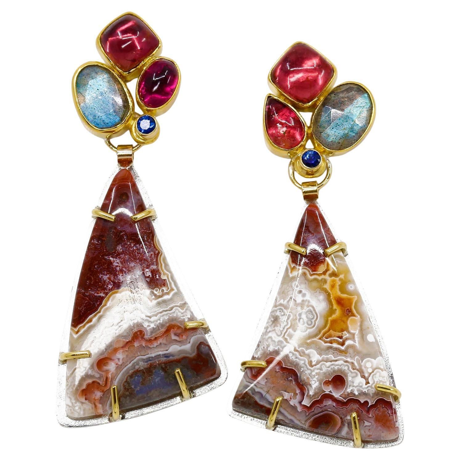 Crazy Lace Agate Earrings Labradorite Pink Tourmaline Blue Sapphire 22k 18k Fine For Sale