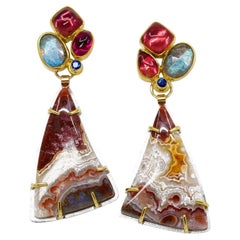 Crazy Lace Agate Earrings Labradorite Pink Tourmaline Blue Sapphire 22k 18k Fine