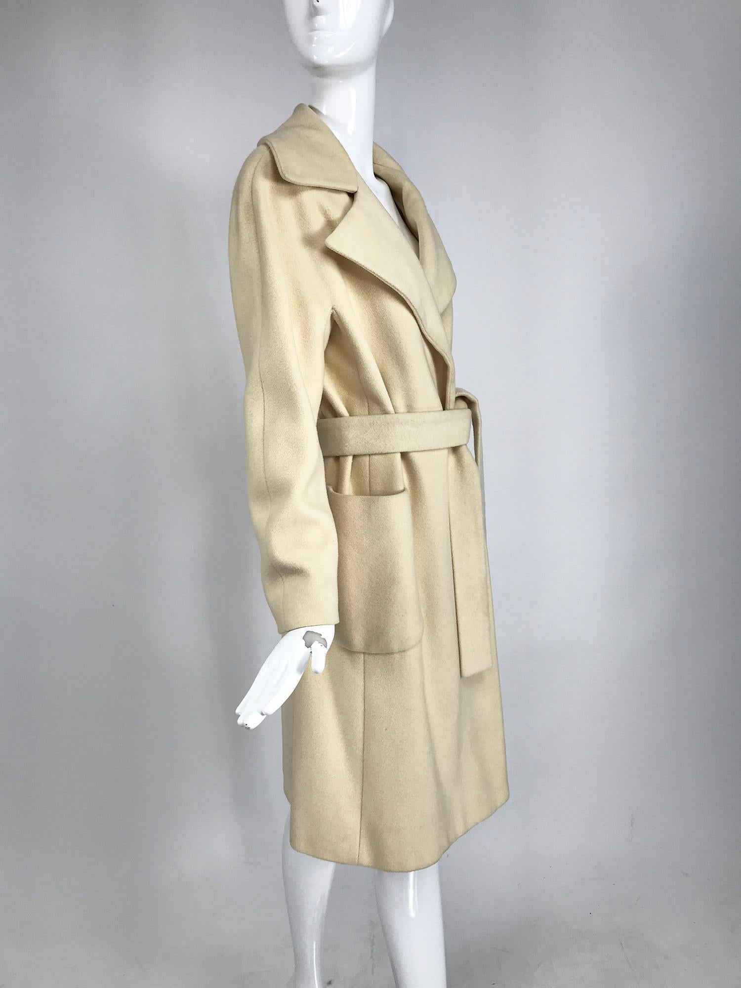 Beige Cream 100% Cashmere Wrap Coat with Patch Pockets 1970s