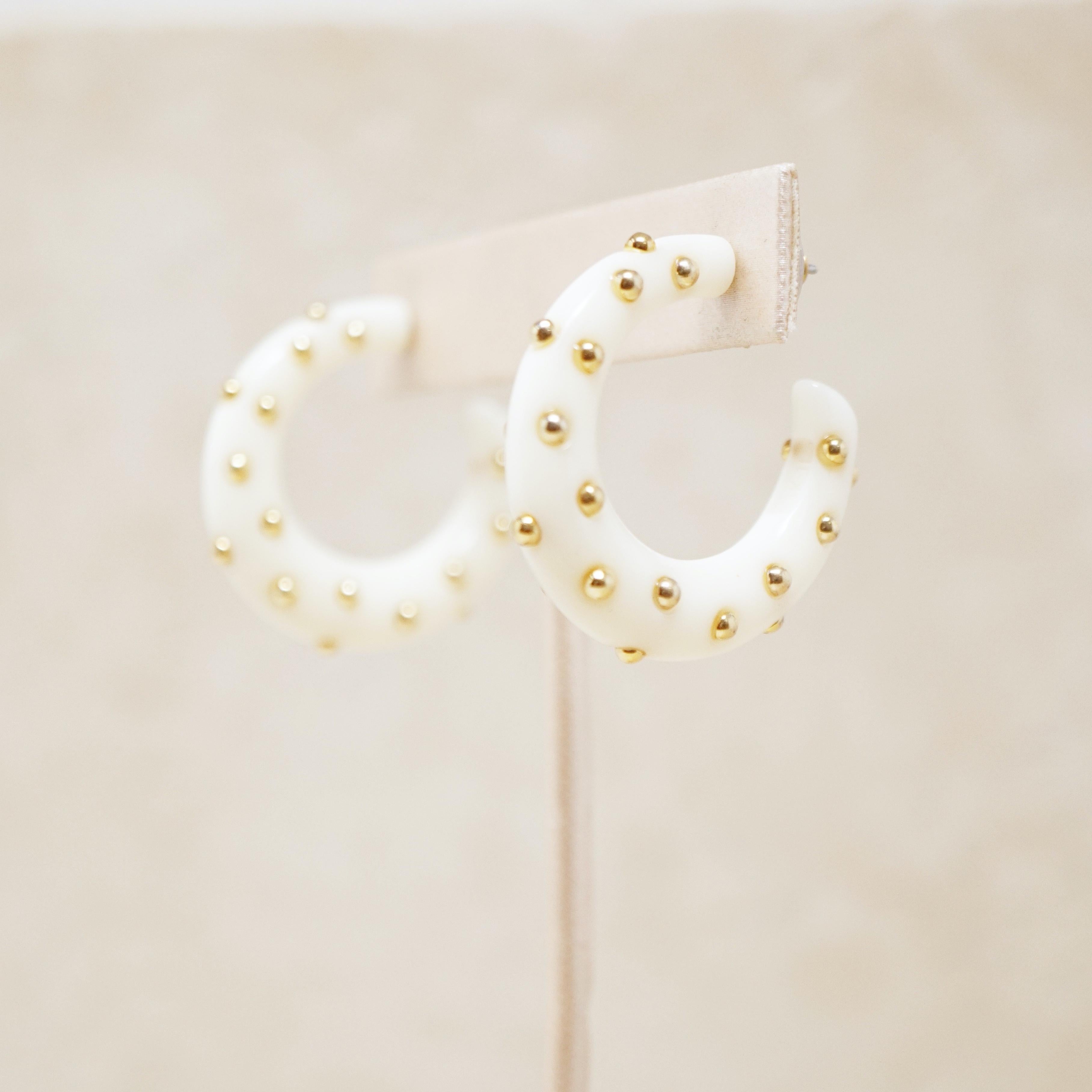 Modern Cream Acrylic Gold Studded Chunky Hoop Earrings by Kenneth Jay Lane, 1970s
