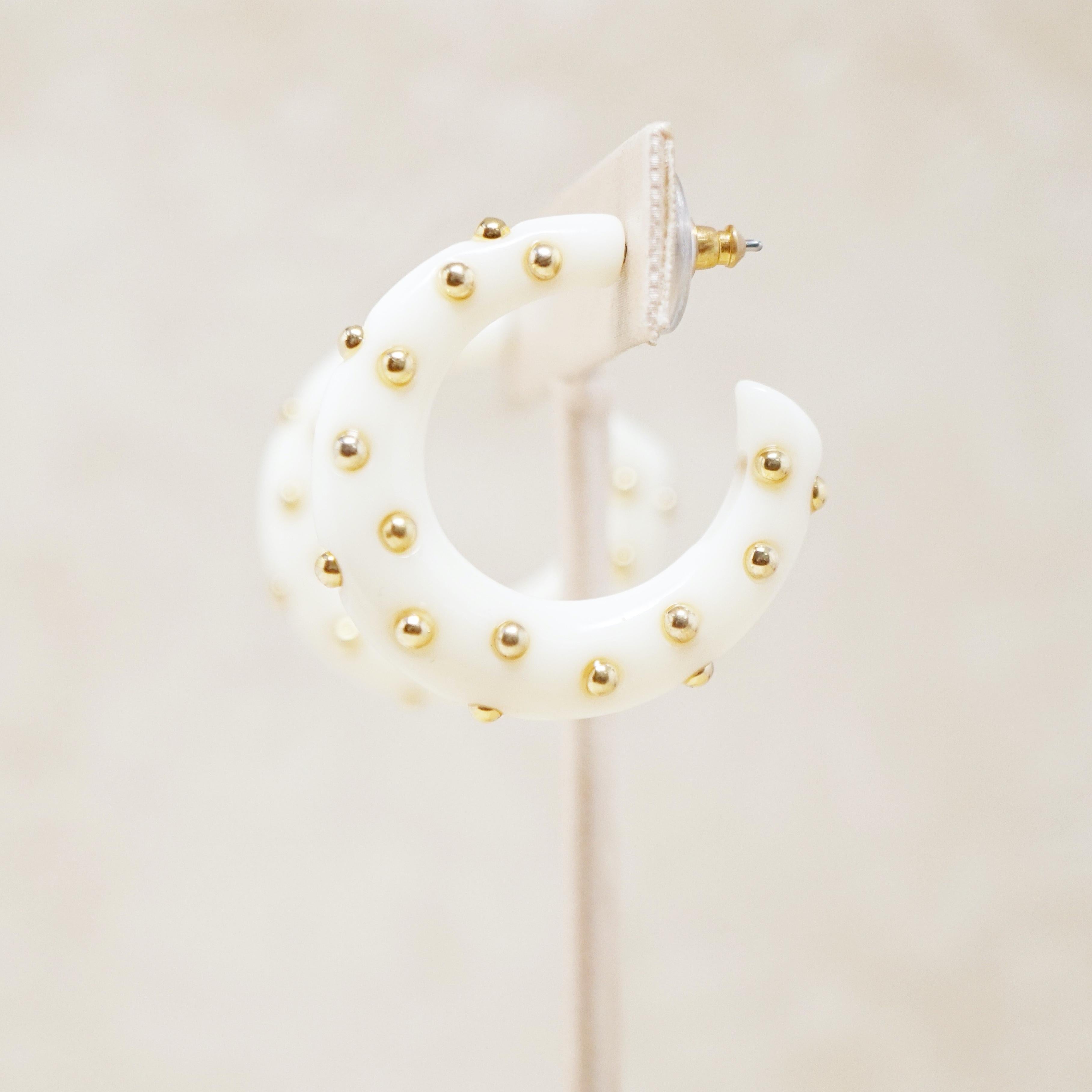 Cream Acrylic Gold Studded Chunky Hoop Earrings by Kenneth Jay Lane, 1970s In Excellent Condition In McKinney, TX